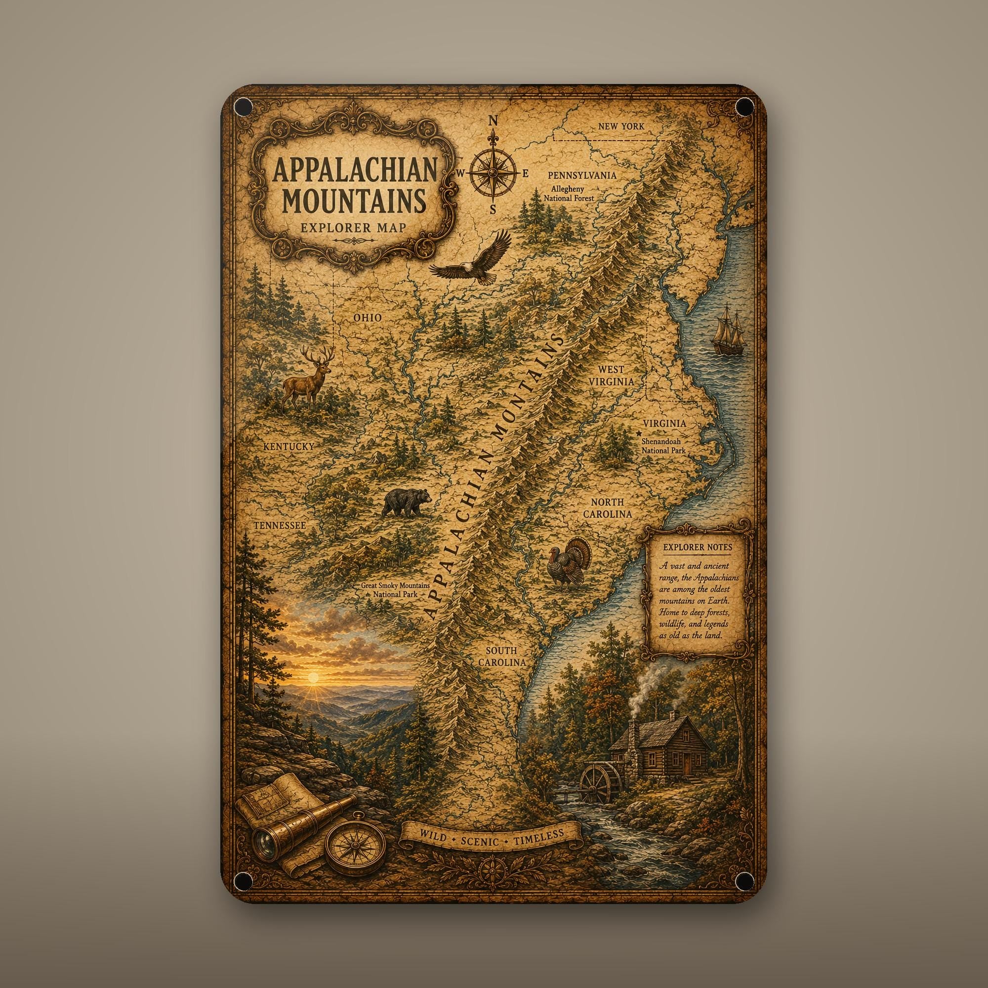 Vintage Appalachian Mountains Map Aluminum Si Aluminum Sign — front view on white background