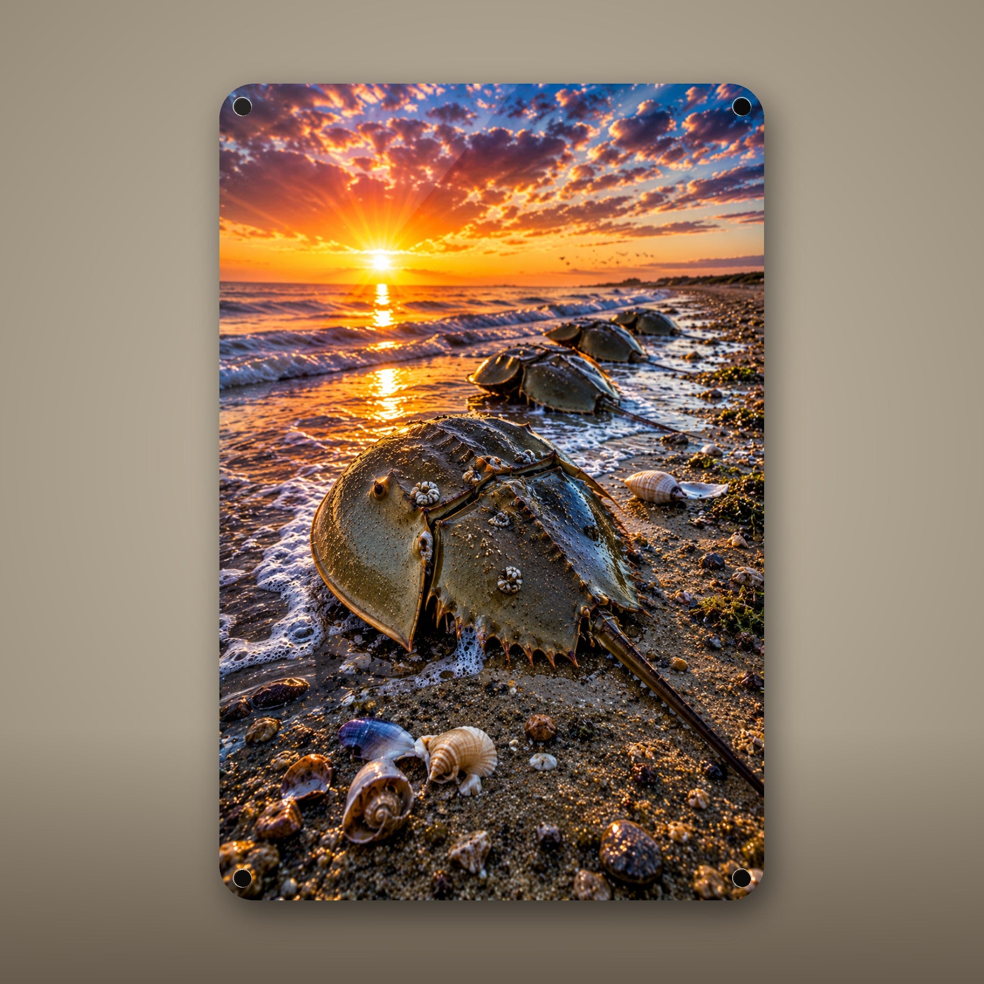 Horseshoe Crab on Sand Metal Wall Art, Aluminum Sign, Marine Wildlife Wall Decor, Coastal Beach House Gift — aluminum sign mockup