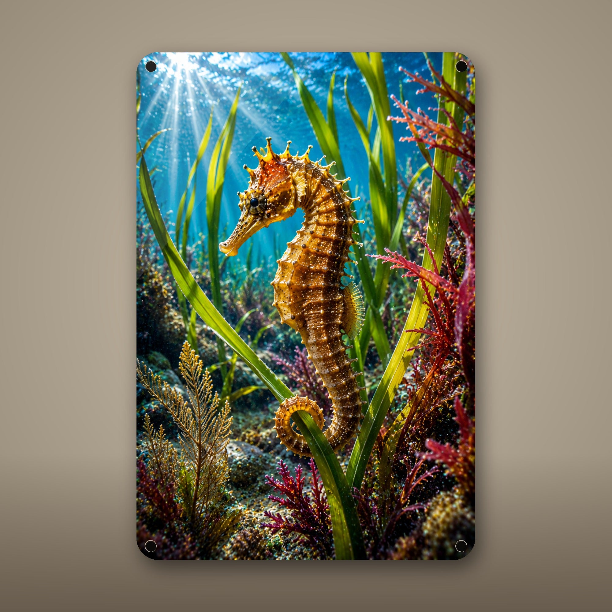 Seahorse Metal Wall Art, Aluminum Sign, Marine Wildlife Wall Decor, Coastal Beach House Gift — aluminum sign mockup