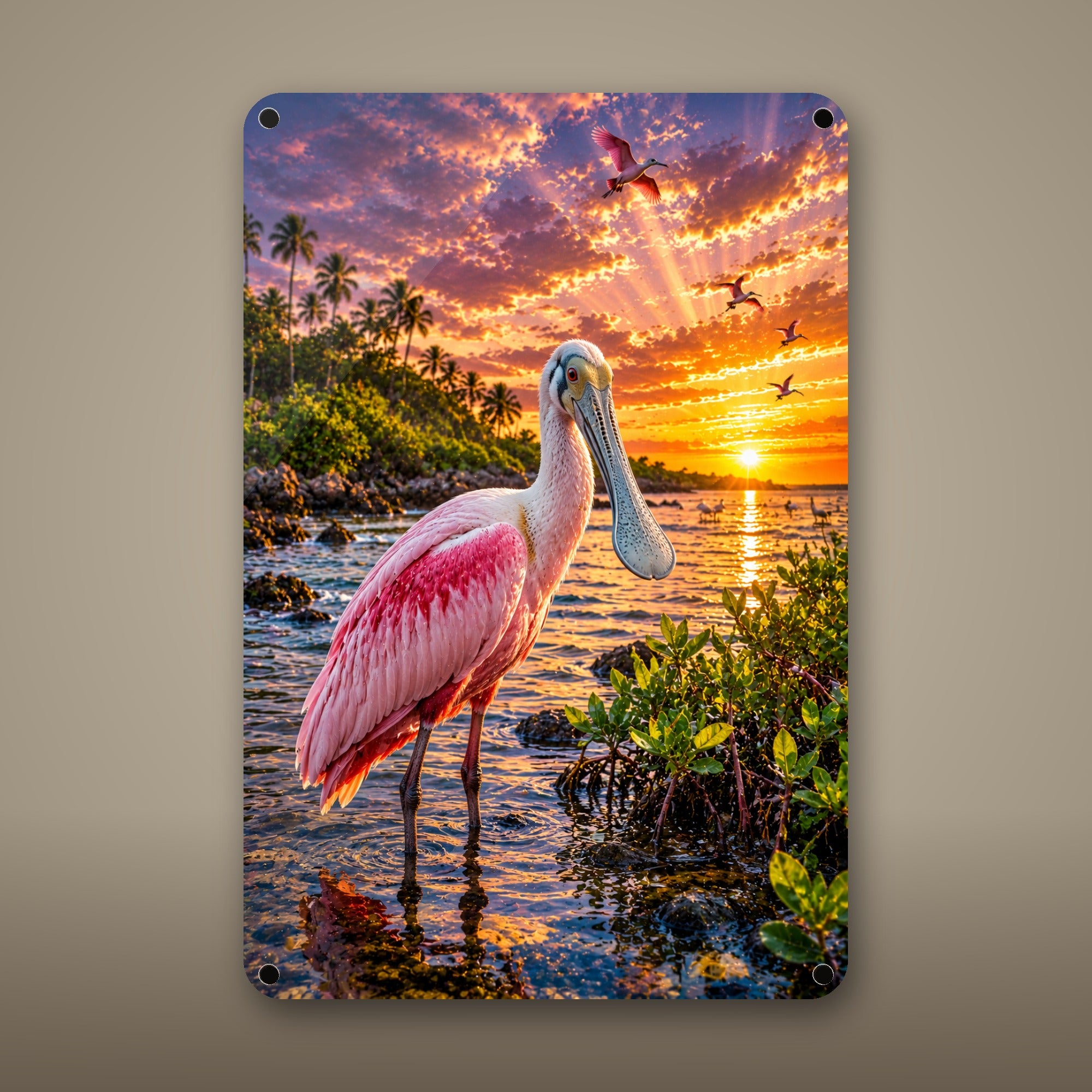 Roseate Spoonbill Metal Wall Art, Aluminum Sign, Marine Wildlife Wall Decor, Coastal Beach House Gift — aluminum sign mockup