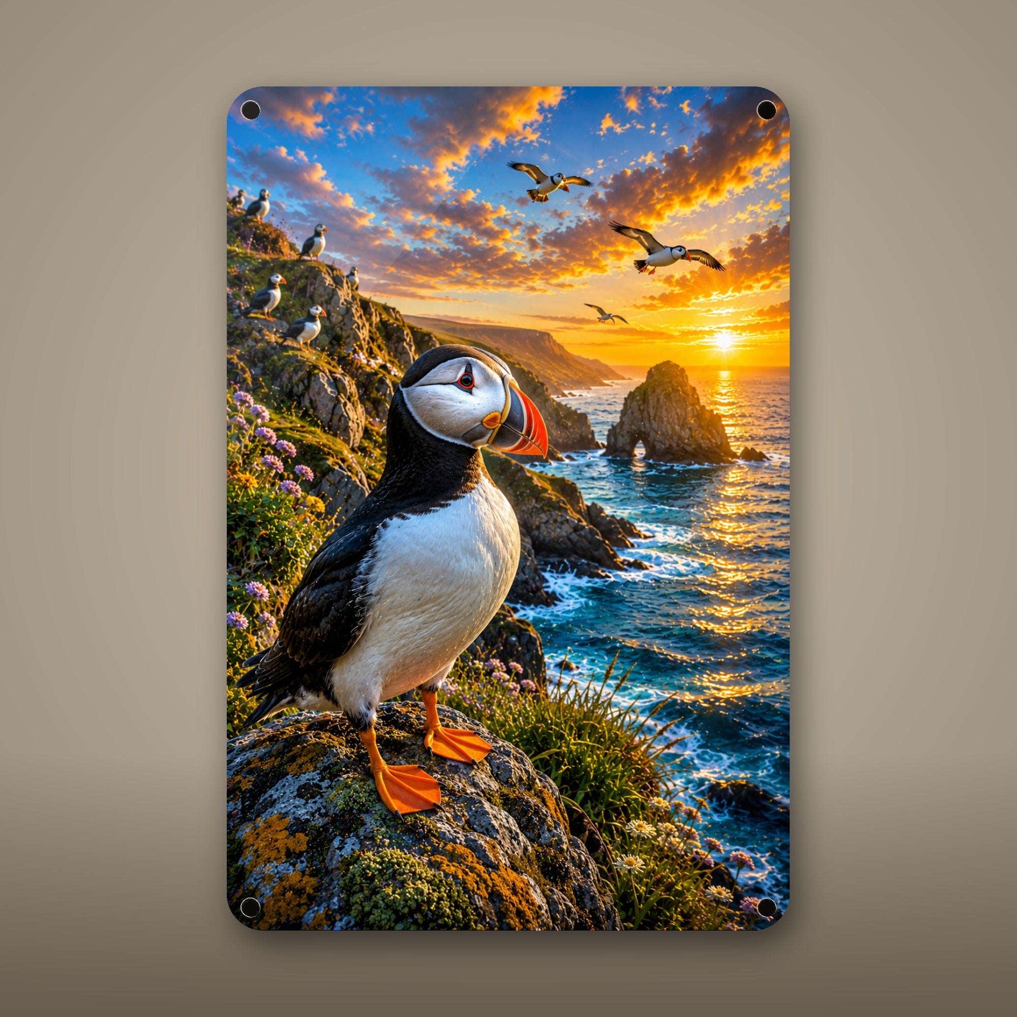 Puffin Metal Wall Art, Aluminum Sign, Marine Wildlife Wall Decor, Coastal Beach House Gift — aluminum sign mockup