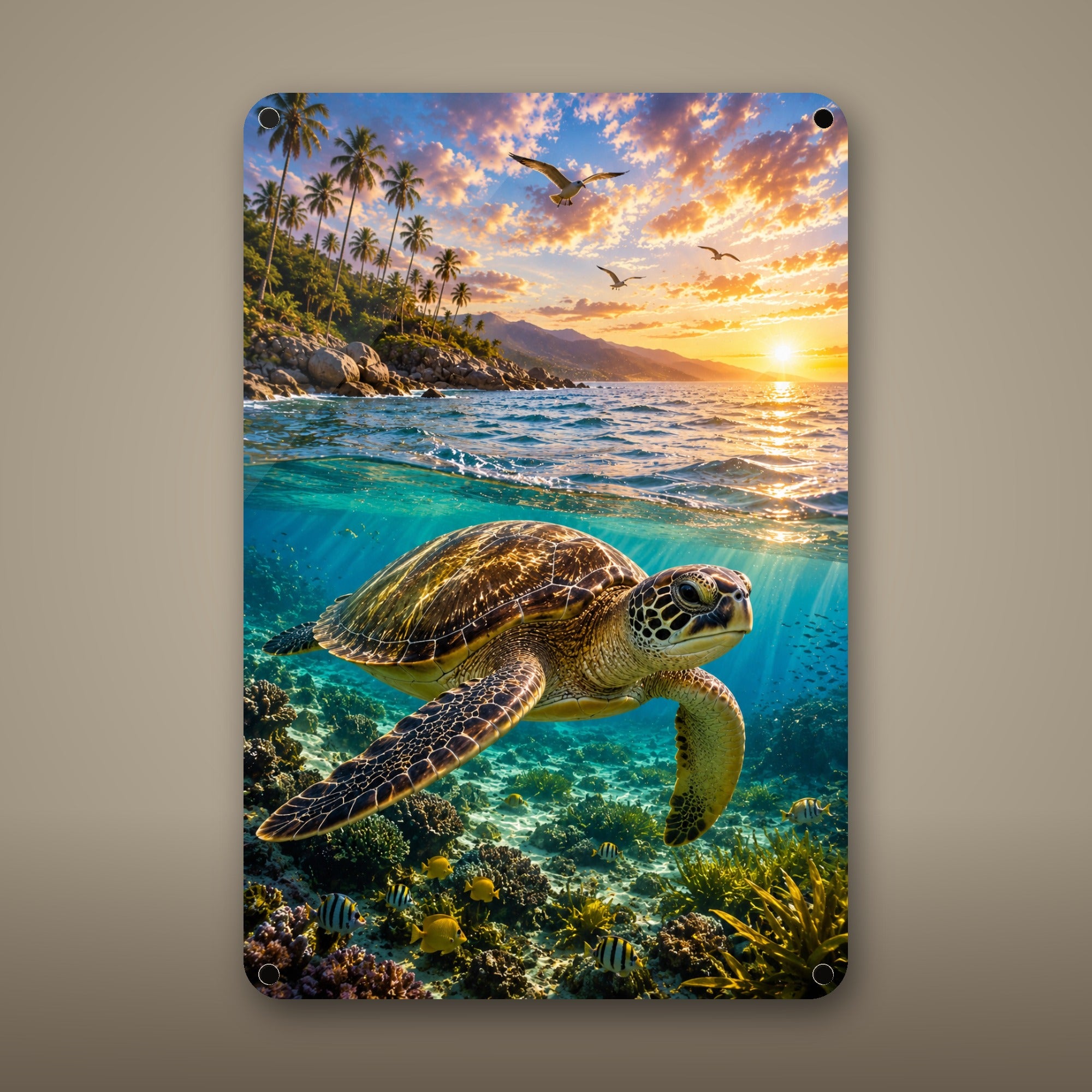 Sea Turtle Diving Metal Wall Art, Aluminum Sign, Marine Wildlife Wall Decor, Coastal Beach House Gift — aluminum sign mockup
