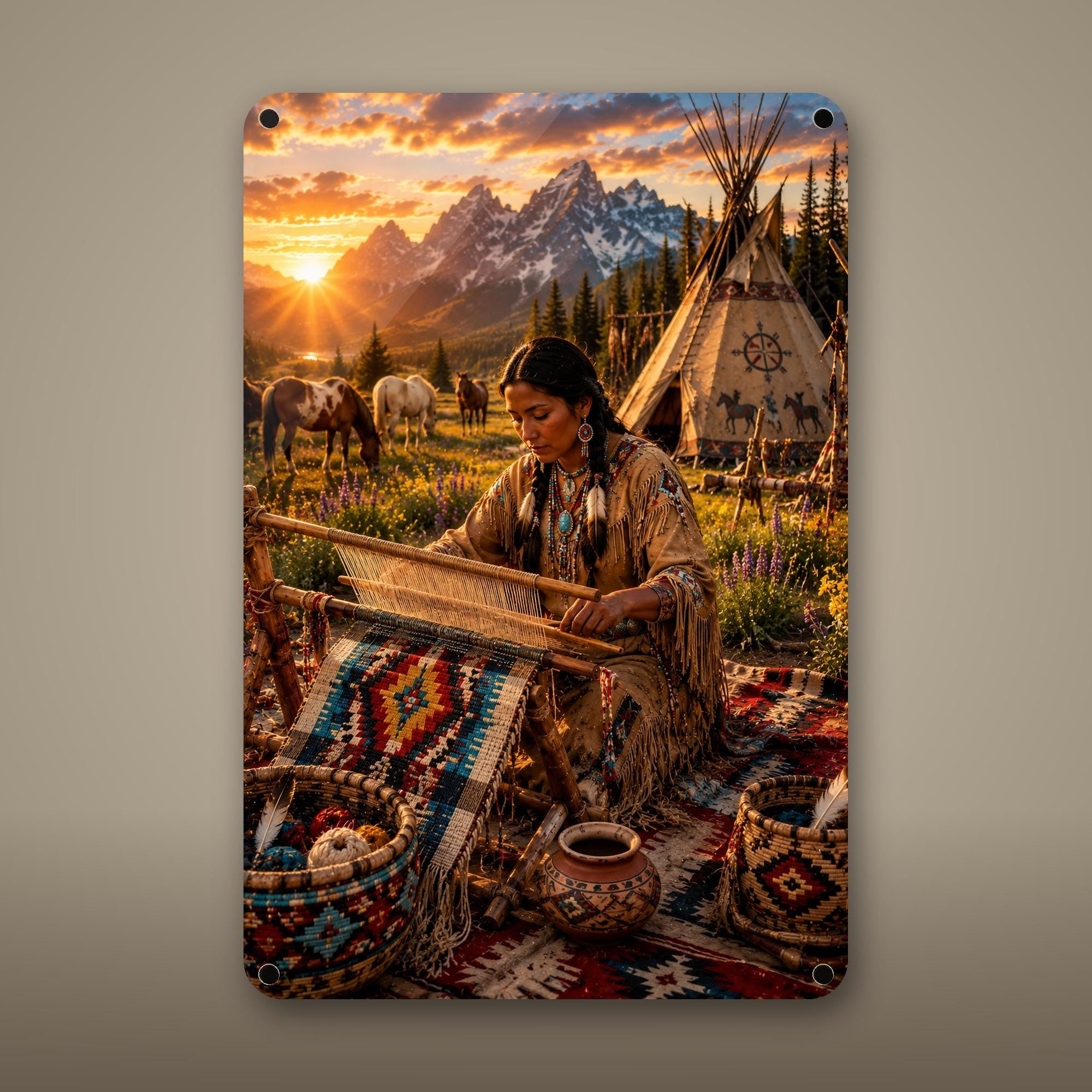 Native Weaving Scene Aluminum Sign Aluminum Sign — front view on white background