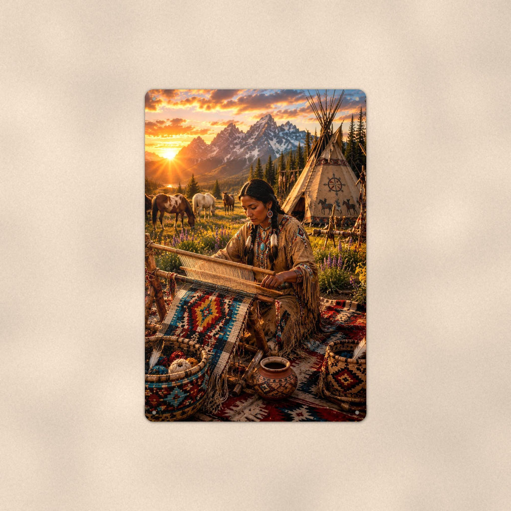 Native Weaving Scene on a sublimated 8 x 12 in aluminum sign, shown whole against a plain wall — wall decor, handmade gift.