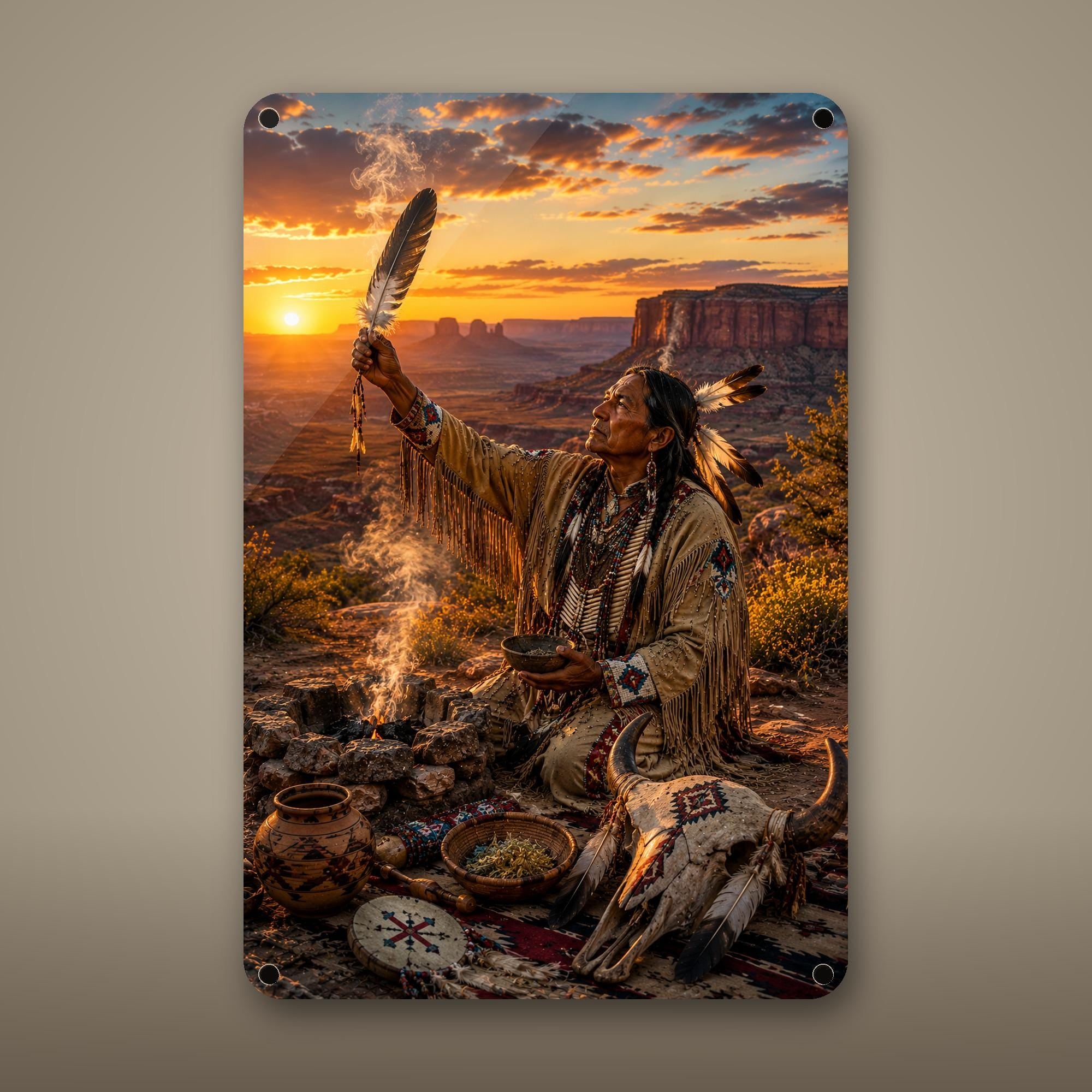 Native Pottery Scene Aluminum Sign Aluminum Sign — front view on white background