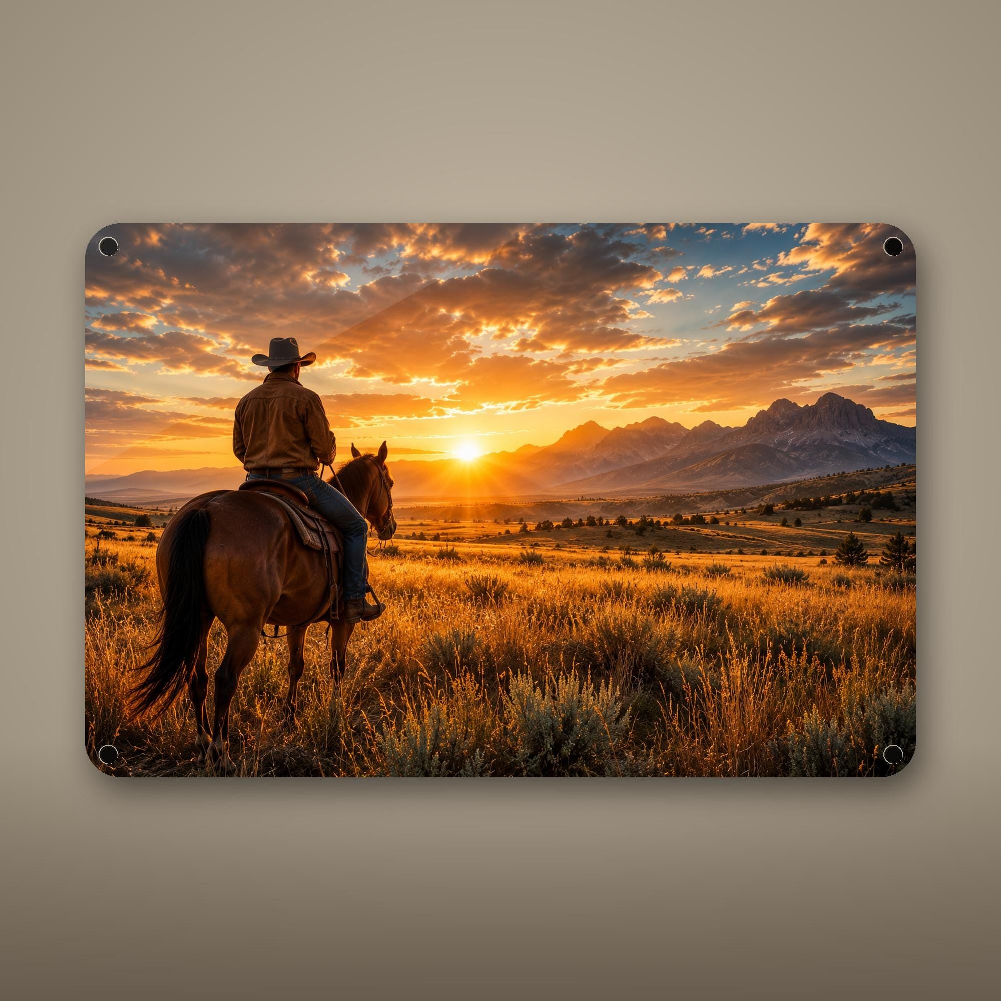 Prairie Rider Sunset Aluminum Sign Aluminum Sign — front view on white background