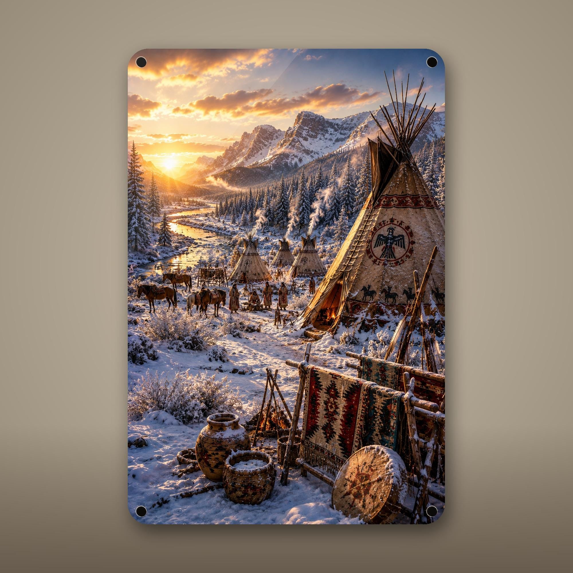 Snowy Teepee Camp Aluminum Sign Aluminum Sign — front view on white background
