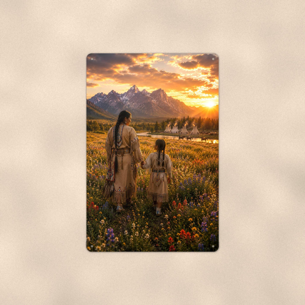 Native Family Prairie on a sublimated 8 x 12 in aluminum sign, shown whole against a plain wall — wall decor, handmade gift.