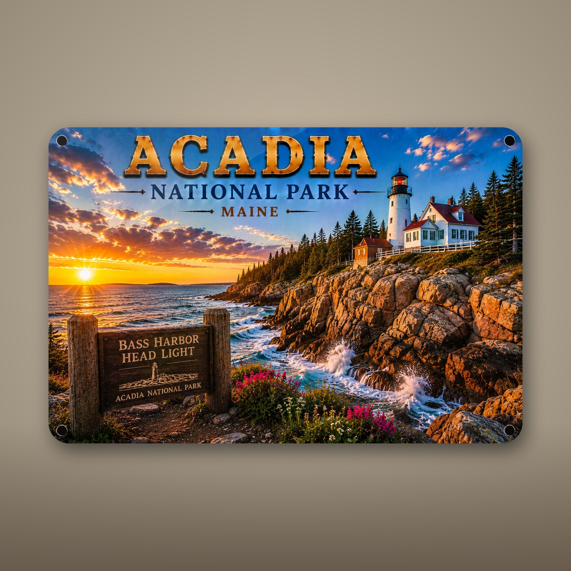 Acadia National Park Sign, Bass Harbor Head Light Metal Wall Art, Maine Aluminum Vintage Travel Poster Gift