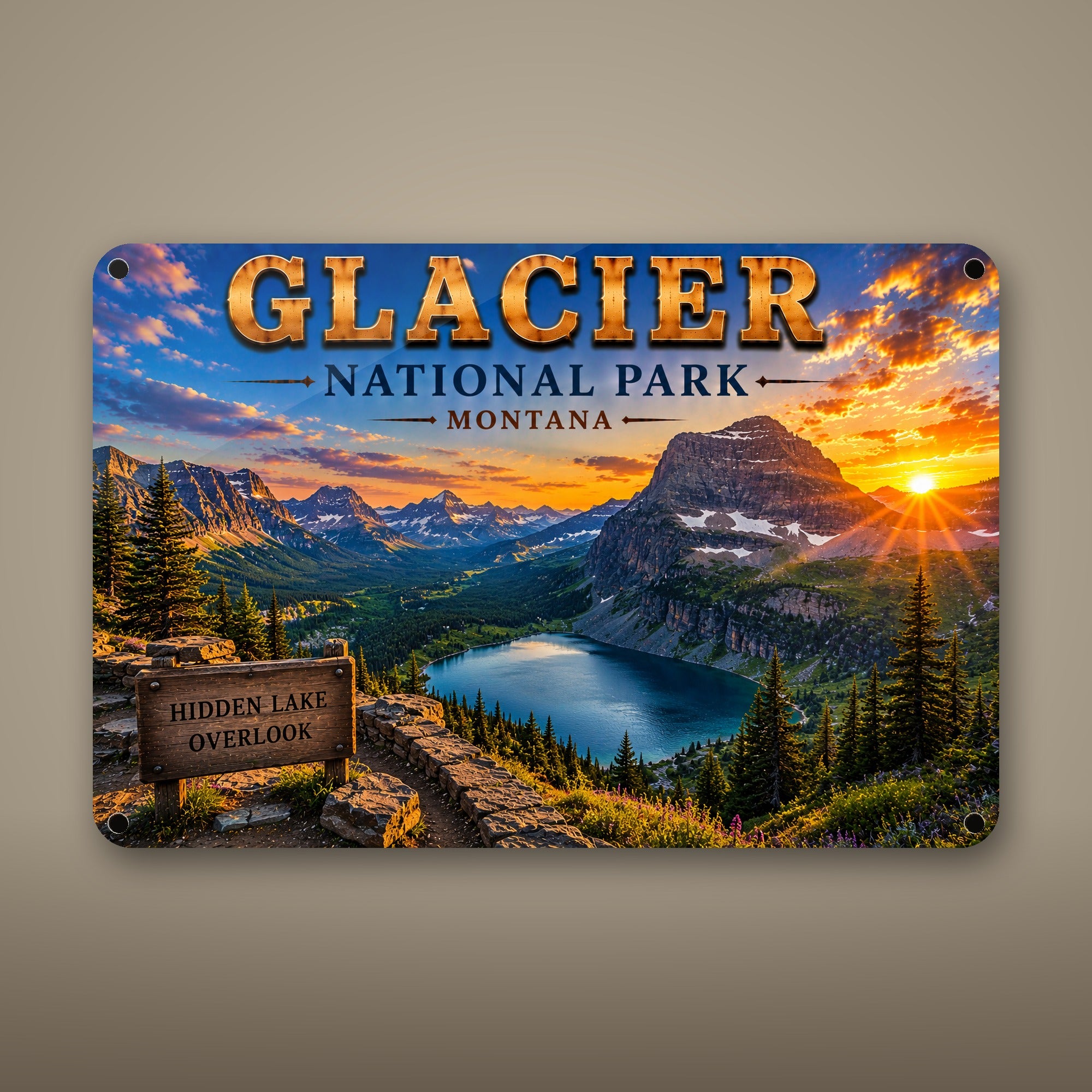 Glacier National Park Sign, Hidden Lake Overlook Metal Wall Art, Montana Aluminum Vintage Travel Poster Gift