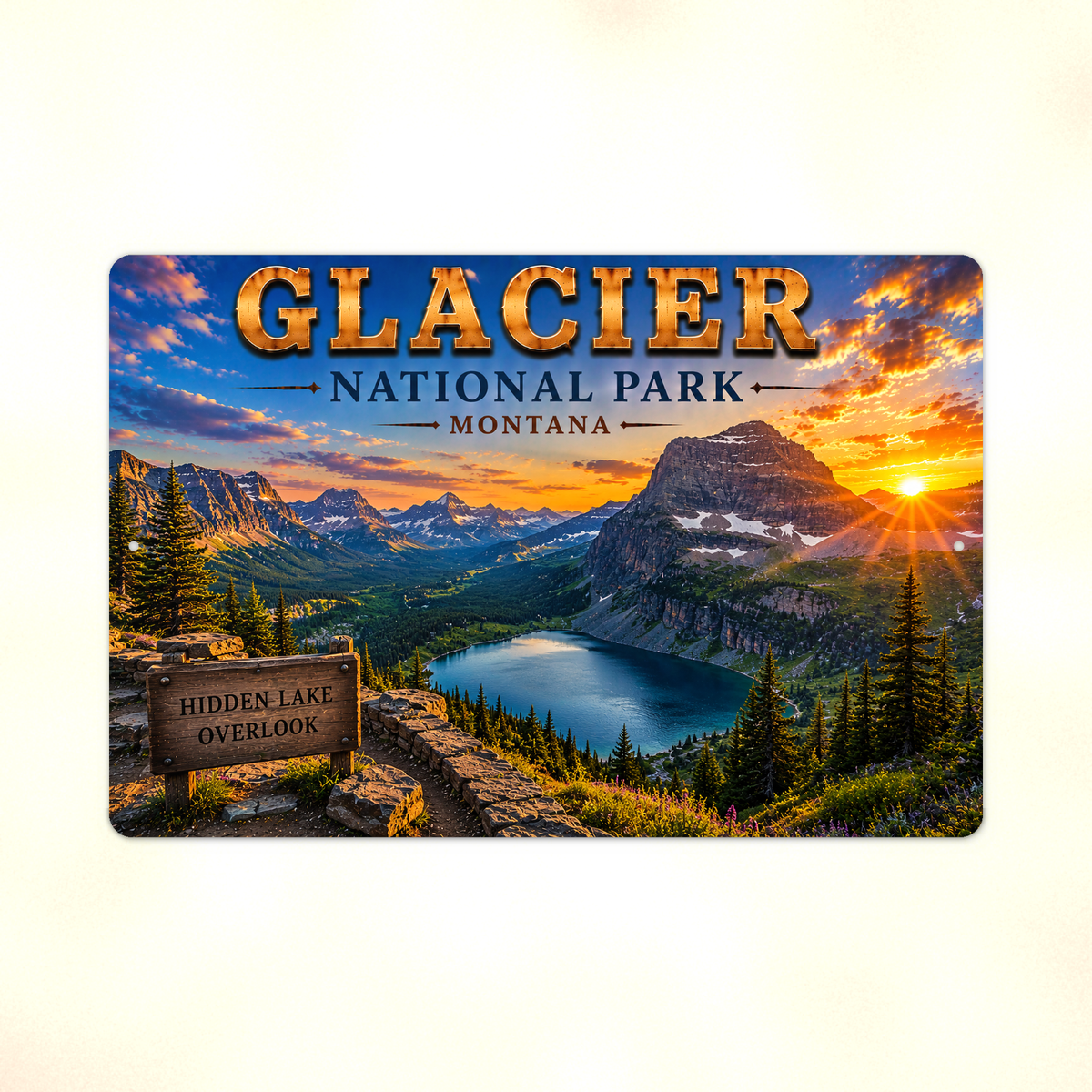 Full view of the sign showing Glacier Hidden Lake Overlook lettering and a sunset mountain lake against a pale background.