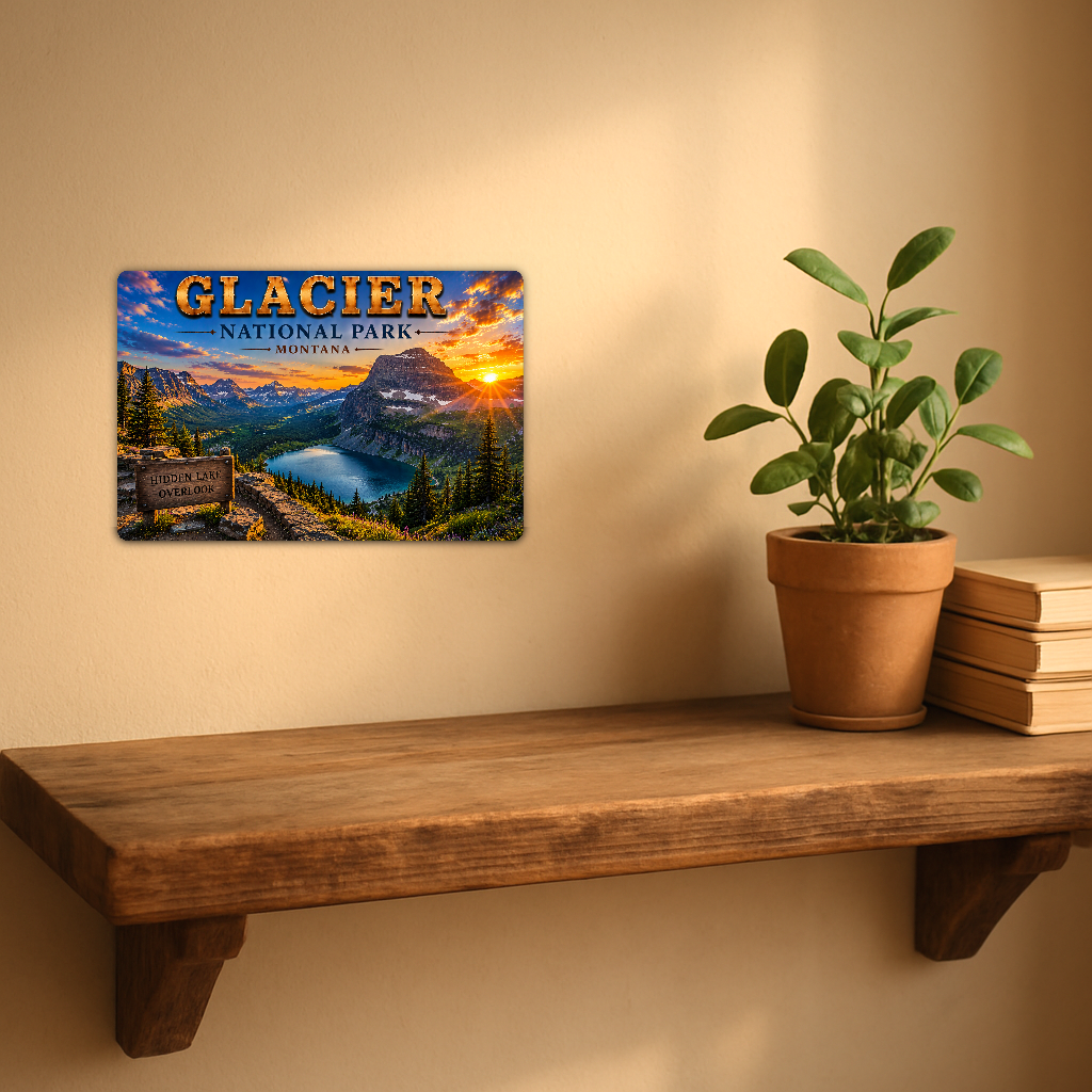 Sign showing Glacier Hidden Lake Overlook lettering and a sunset mountain lake, displayed on a warm beige wall above a rustic shelf with a potted plant and books.