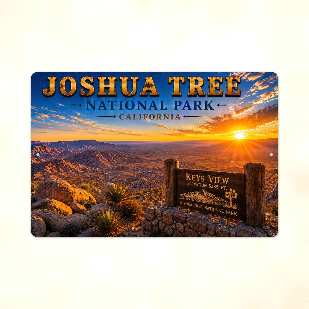 Full view of the sign showing Joshua Tree Keys View lettering and a sunset desert lookout against a pale background.