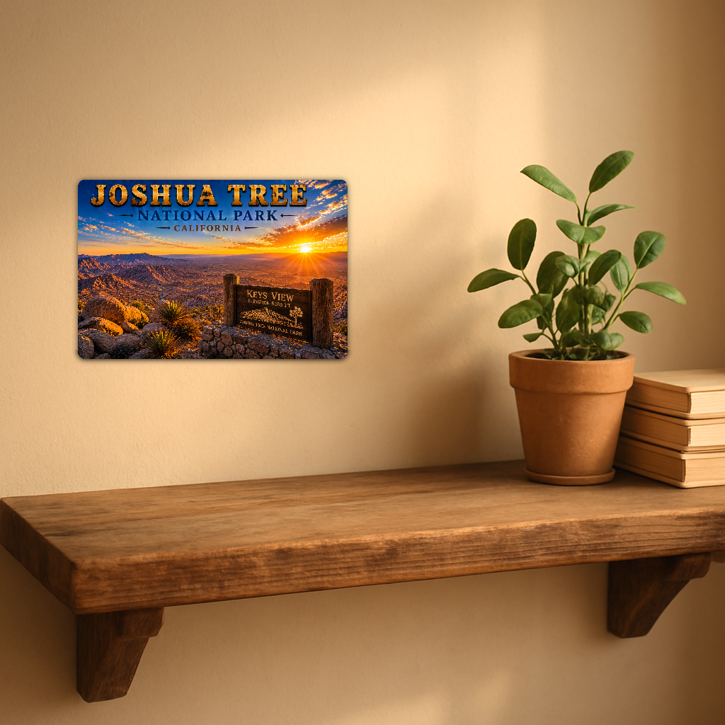 Sign showing Joshua Tree Keys View lettering and a sunset desert lookout, displayed on a warm beige wall above a rustic shelf with a potted plant and books.