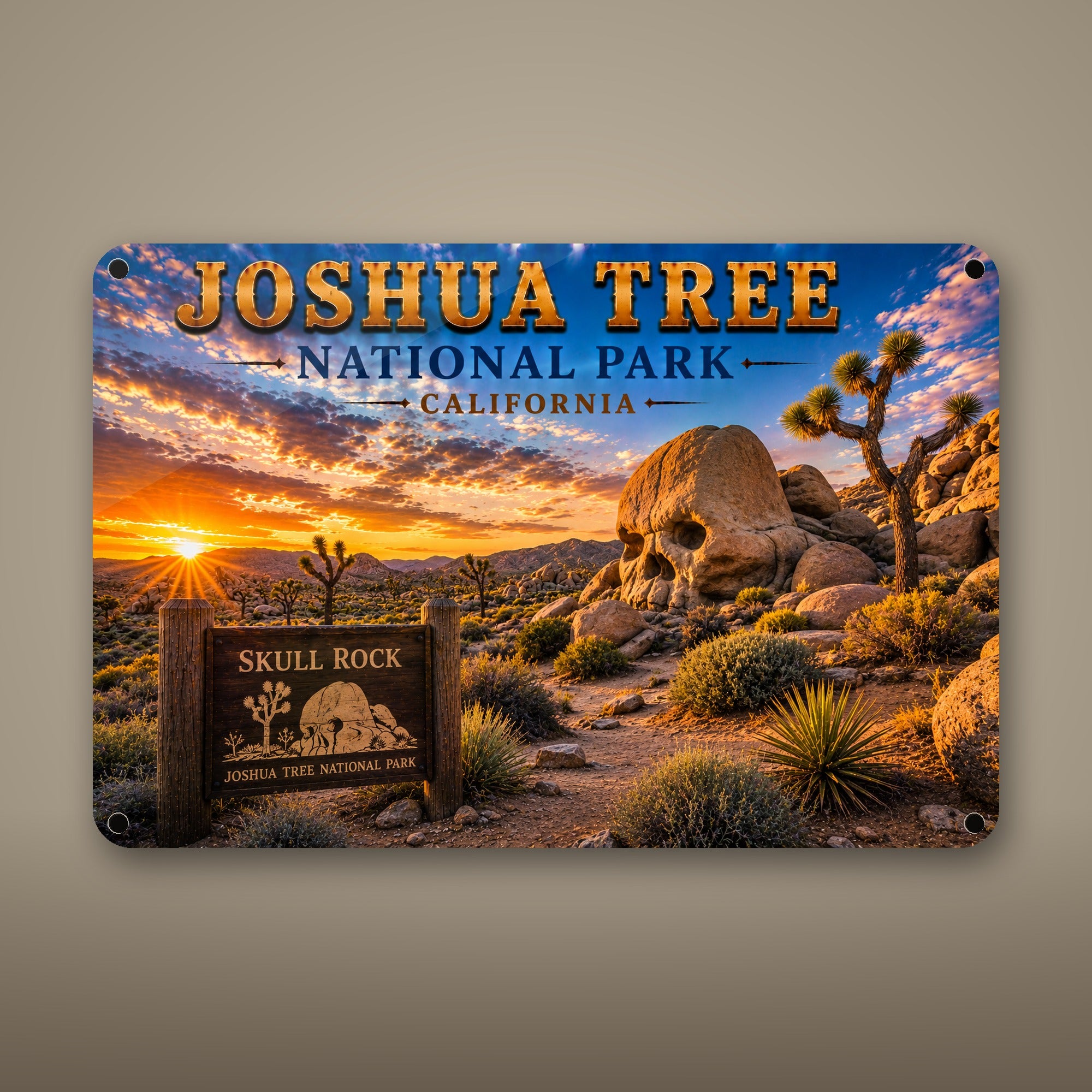 Joshua Tree National Park Sign, Skull Rock Metal Wall Art, California Aluminum Vintage Travel Poster Gift