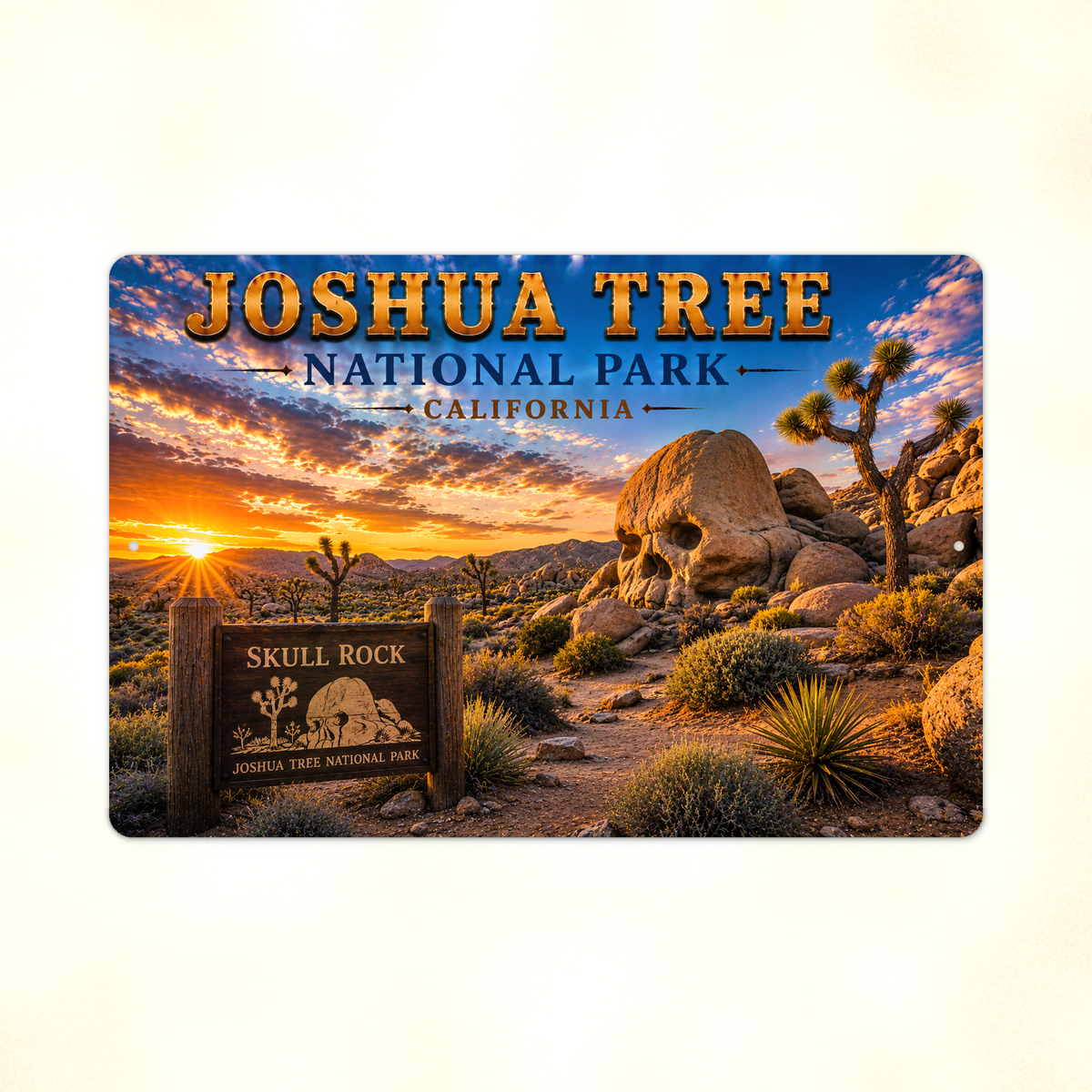 Full view of the sign showing Joshua Tree Skull Rock lettering with boulders and Joshua trees at sunset against a pale background.