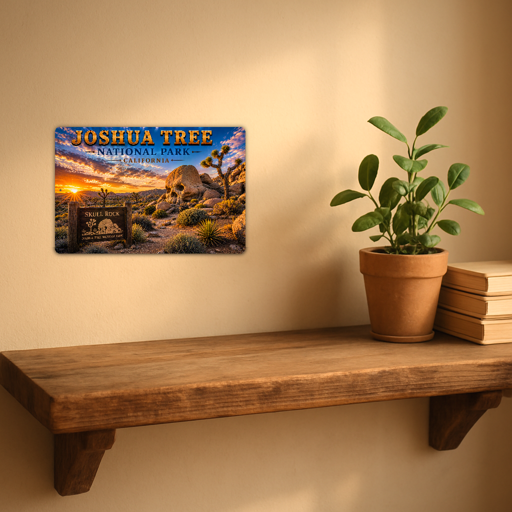Joshua Tree Skull Rock sign with desert boulders and Joshua trees at sunset, displayed on a warm beige wall above a wooden shelf with a potted plant and books.