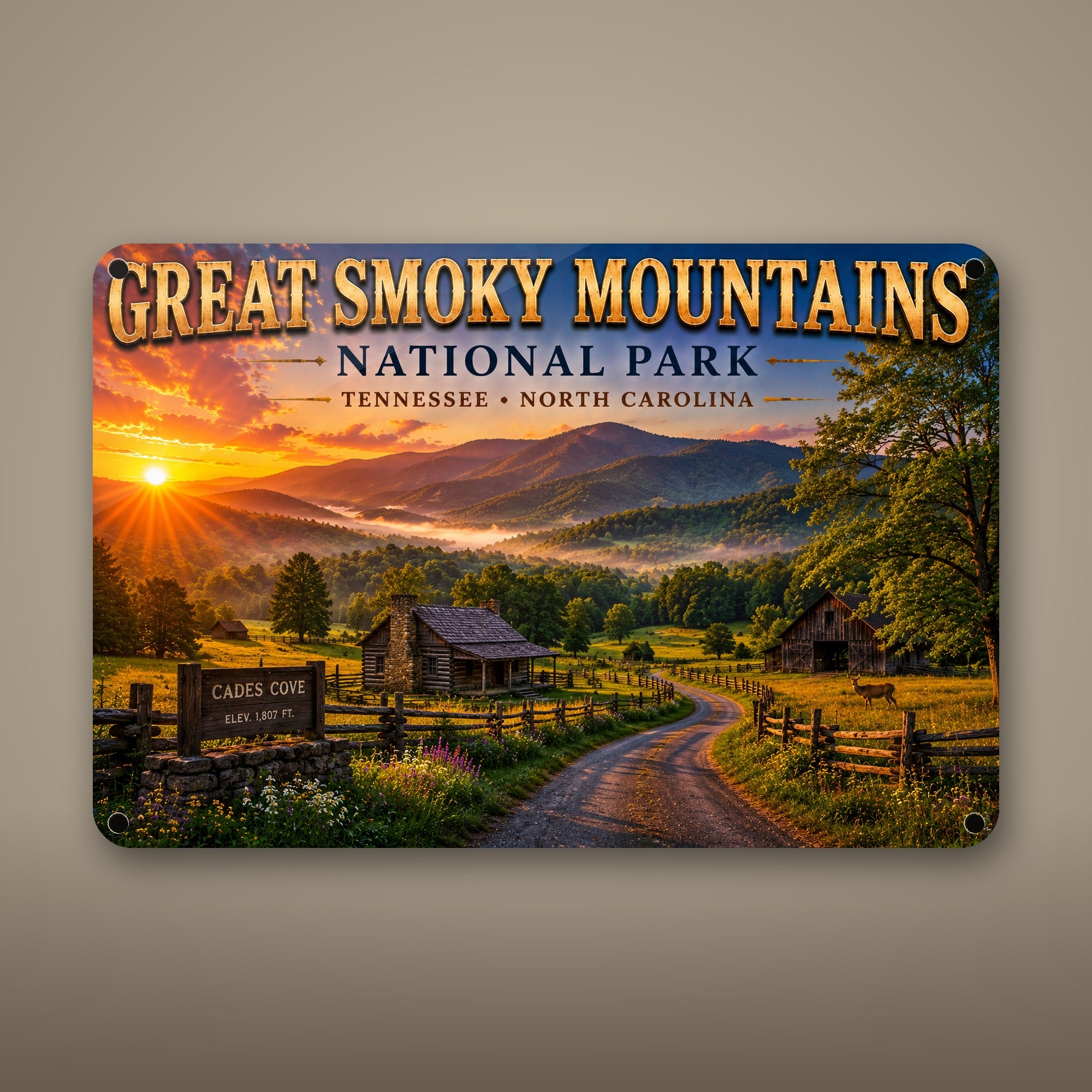 Great Smoky Mountains National Park Sign, Cades Cove Metal Wall Art, Tennessee & North Carolina Aluminum Vintage Travel Poster Gift