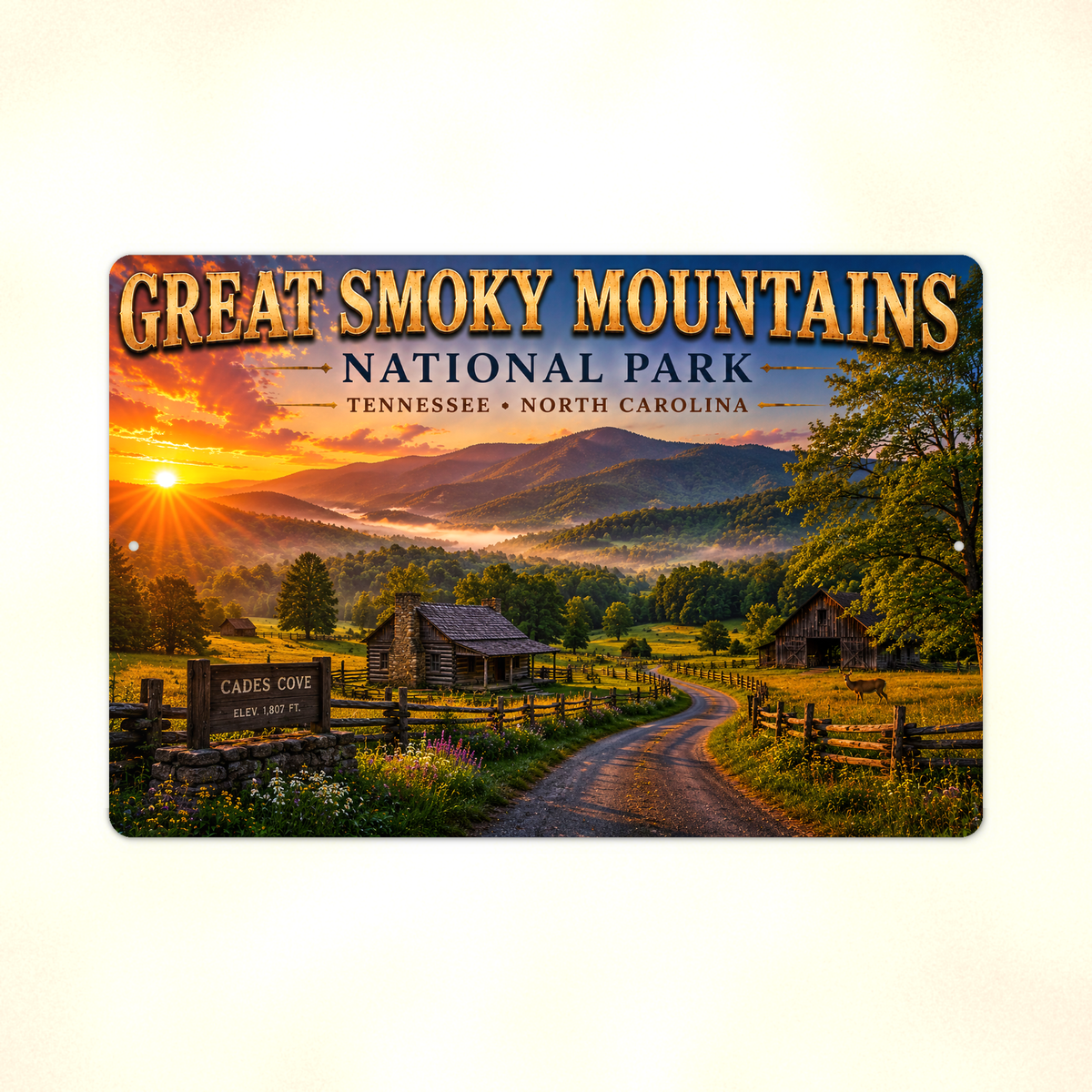 Full view of the sign showing Great Smoky Mountains Cades Cove lettering with cabins and a fenced valley road at sunset against a pale background.