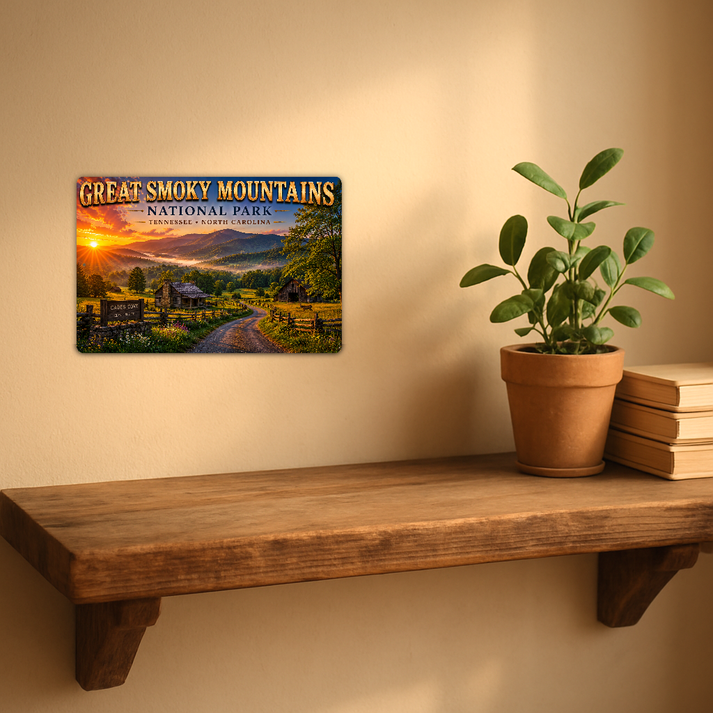 Sign showing Great Smoky Mountains Cades Cove lettering with cabins and a fenced valley road at sunset, displayed on a warm beige wall above a rustic shelf with a potted plant and books.