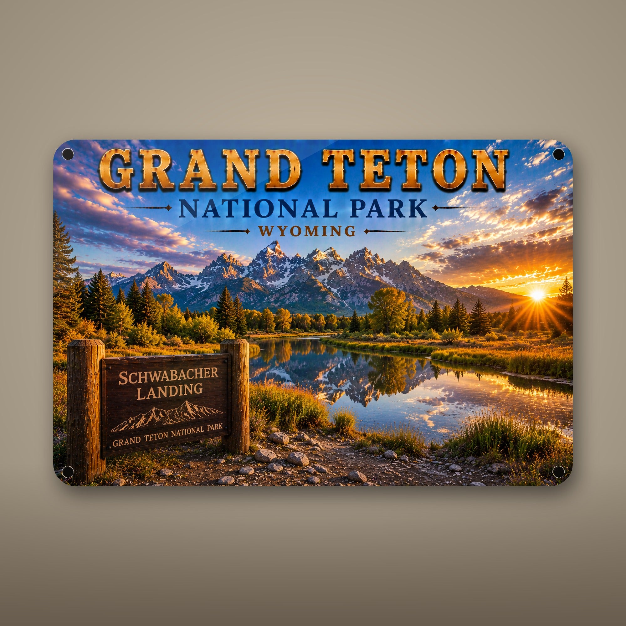 Grand Teton National Park Sign, Schwabacher Landing Metal Wall Art, Wyoming Aluminum Vintage Travel Poster Gift