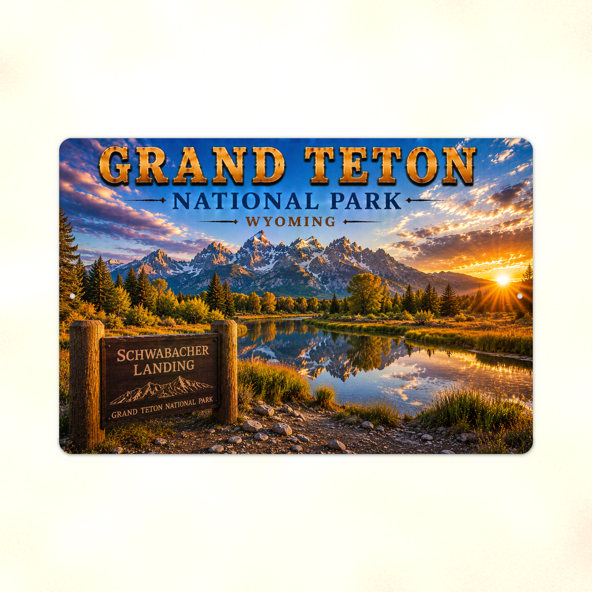Full view of the sign showing Grand Teton Schwabacher Landing lettering and mountains reflected in a sunset river against a pale background.