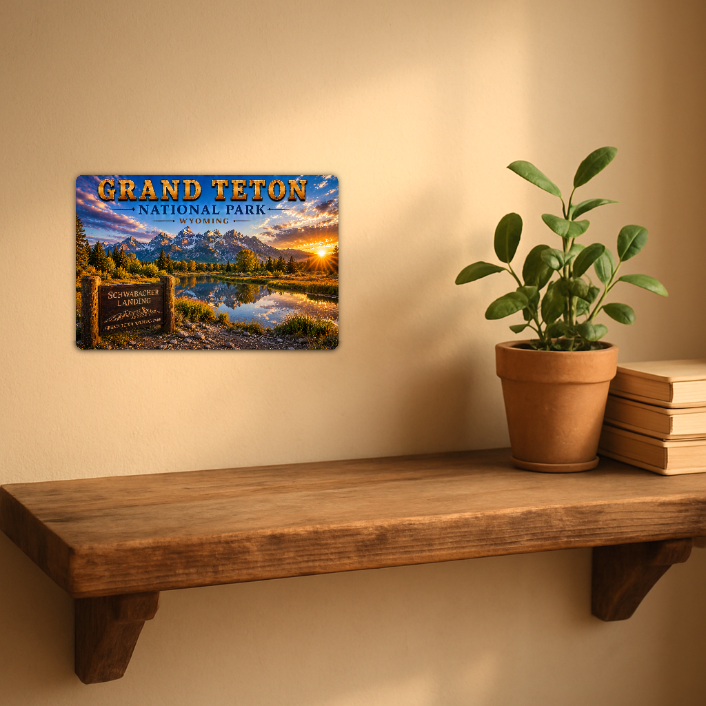Sign showing Grand Teton Schwabacher Landing lettering and mountains reflected in a sunset river, displayed on a warm beige wall above a rustic shelf with a potted plant and books.