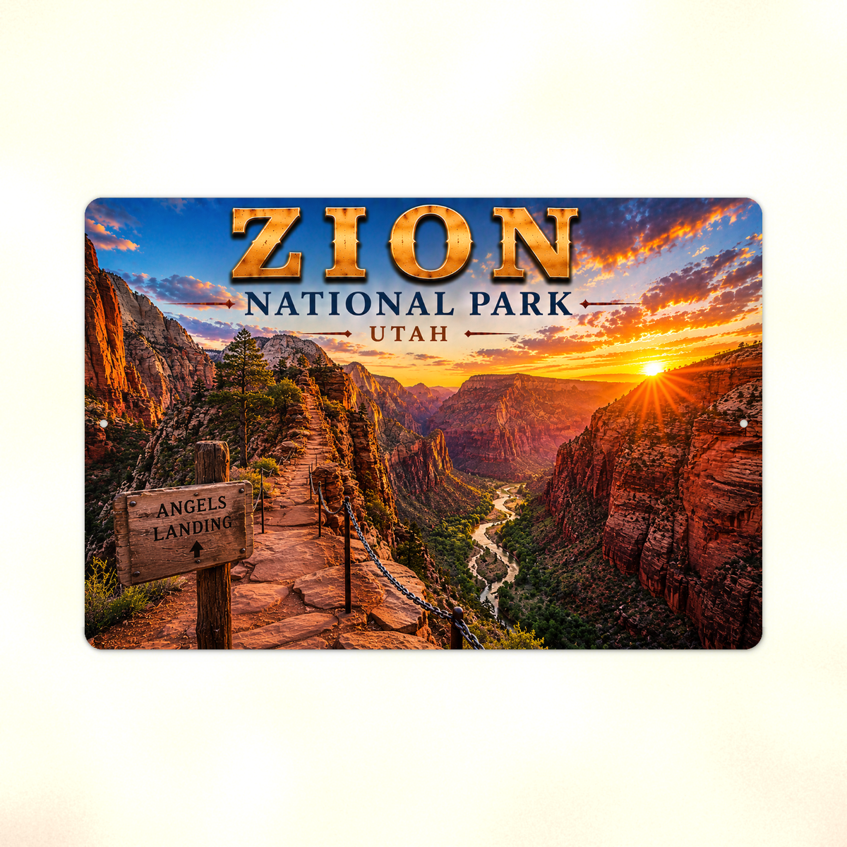 Full view of the sign showing Zion Angels Landing lettering with a path above a red canyon and river against a pale background.