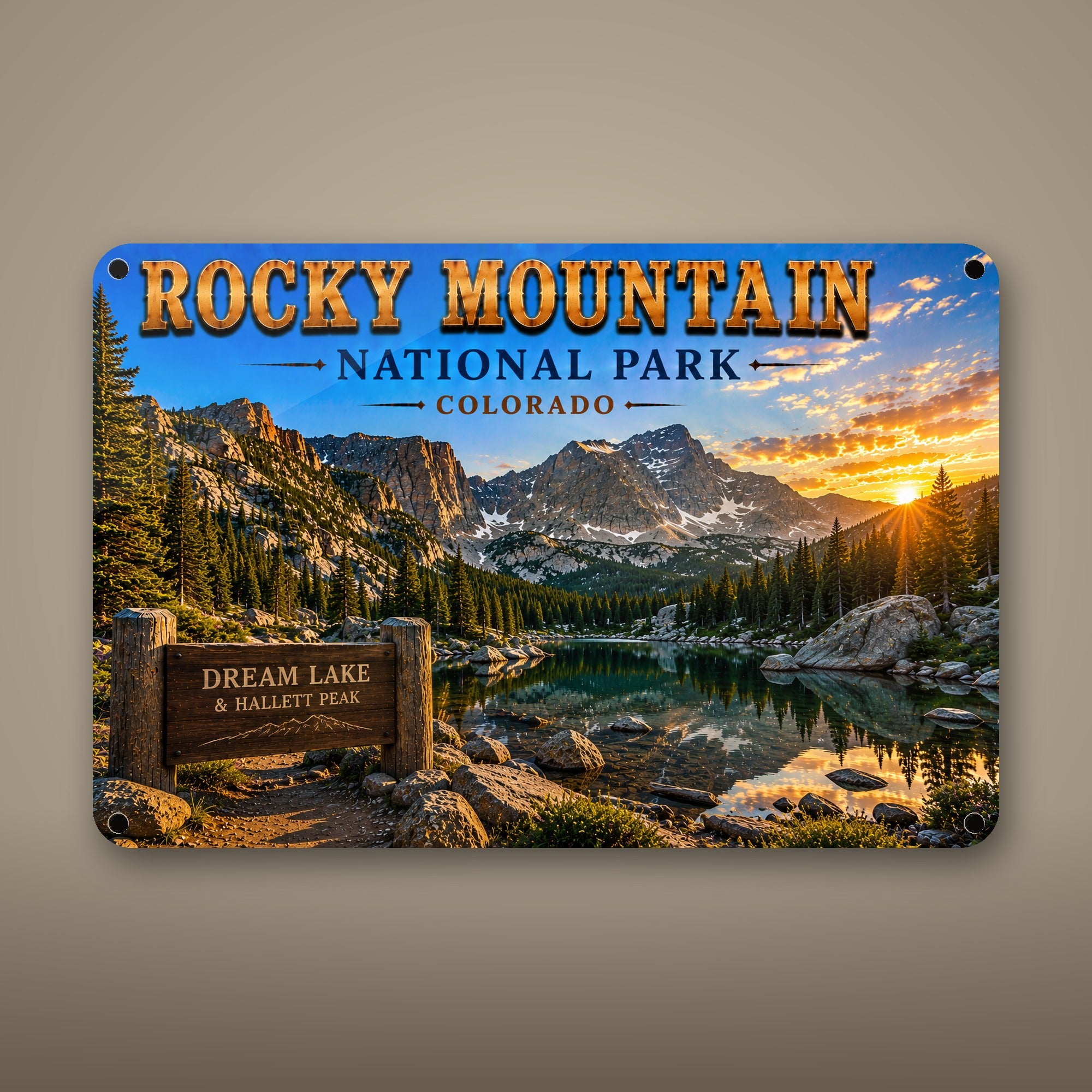 Rocky Mountain National Park Sign, Dream Lake & Hallett Peak Metal Wall Art, Colorado Aluminum Vintage Travel Poster Gift