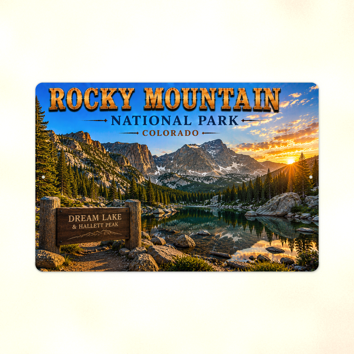 Full view of the sign showing Rocky Mountain Dream Lake Hallett Peak lettering with a mountain lake and pine forest against a pale background.