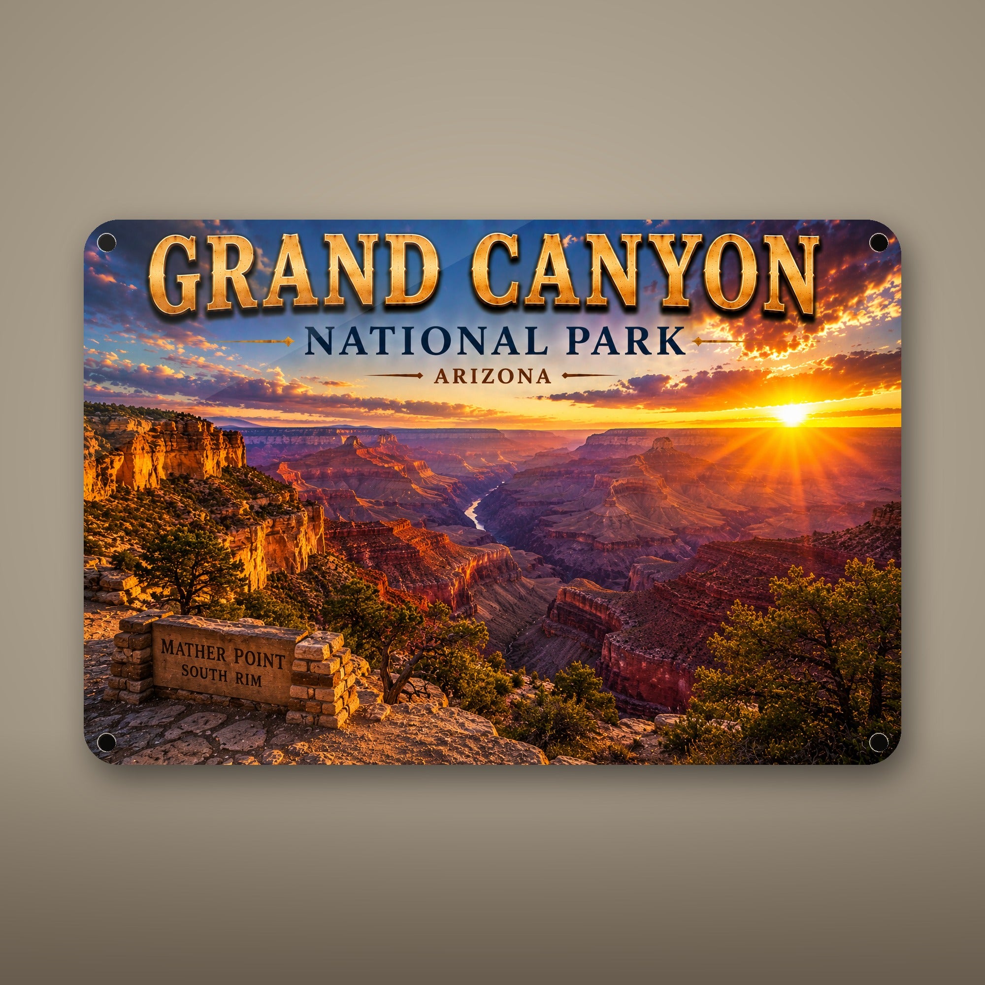 Grand Canyon National Park Sign, Mather Point, South Rim Metal Wall Art, Arizona Aluminum Vintage Travel Poster Gift