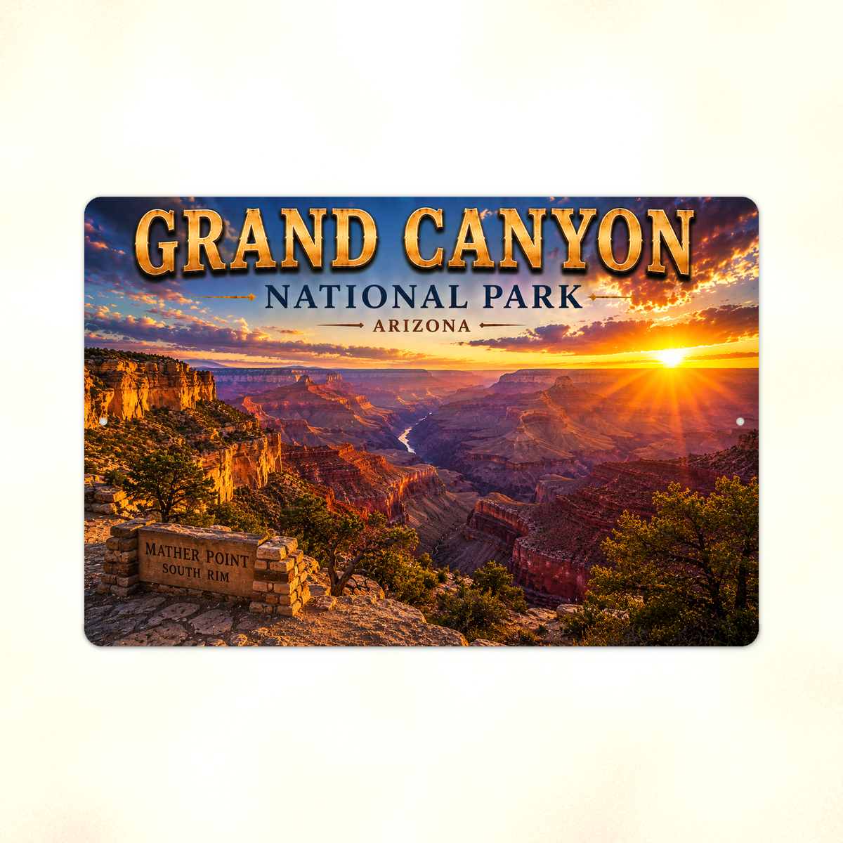 Full view of the sign showing Grand Canyon Mather Point lettering and layered canyon walls at sunset against a pale background.