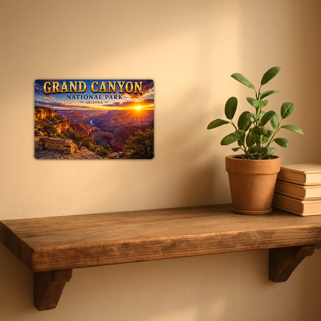 Sign showing Grand Canyon Mather Point lettering and layered canyon walls at sunset, displayed on a warm beige wall above a rustic shelf with a potted plant and books.