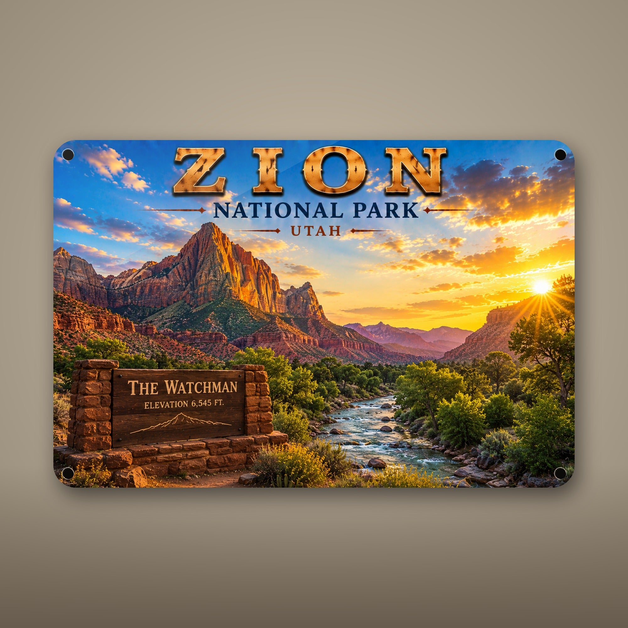 Zion National Park Sign, The Watchman Metal Wall Art, Utah Aluminum Vintage Travel Poster Gift
