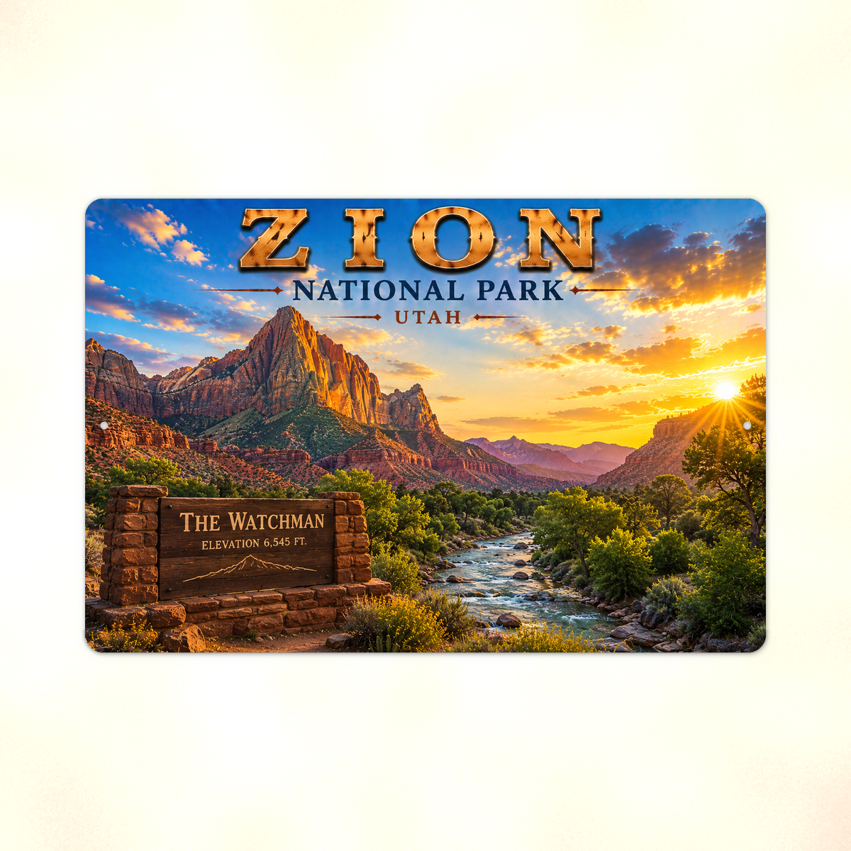 Full view of the sign showing Zion The Watchman lettering with a river, red mountain and forest against a pale background.
