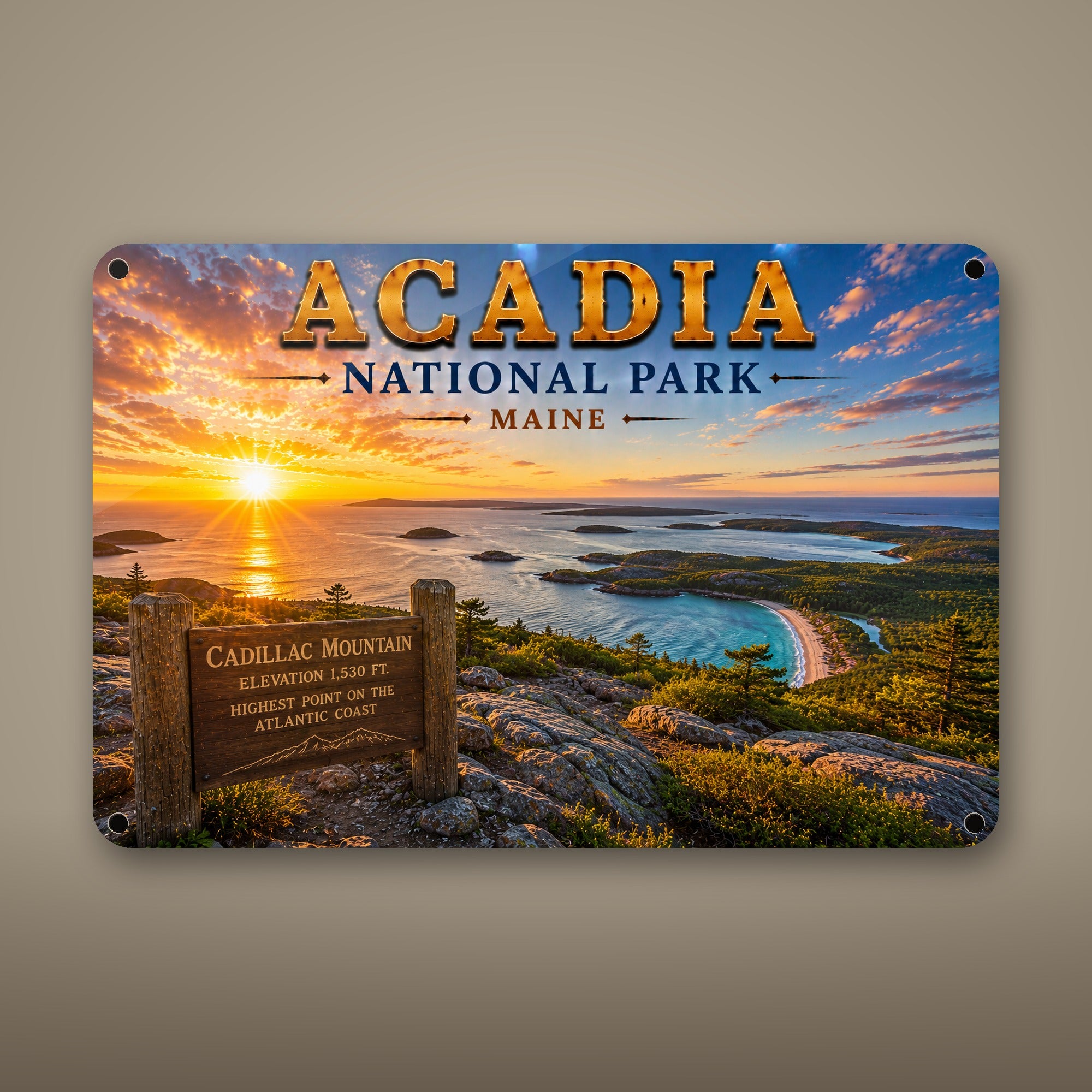 Acadia National Park Sign, Cadillac Mountain Metal Wall Art, Maine Aluminum Vintage Travel Poster Gift