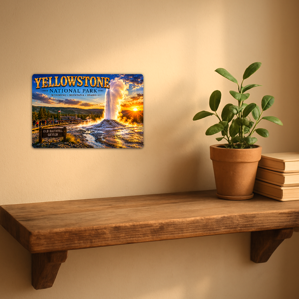 Sign showing Yellowstone Old Faithful lettering and an erupting geyser at sunset, displayed on a warm beige wall above a rustic shelf with a potted plant and books.