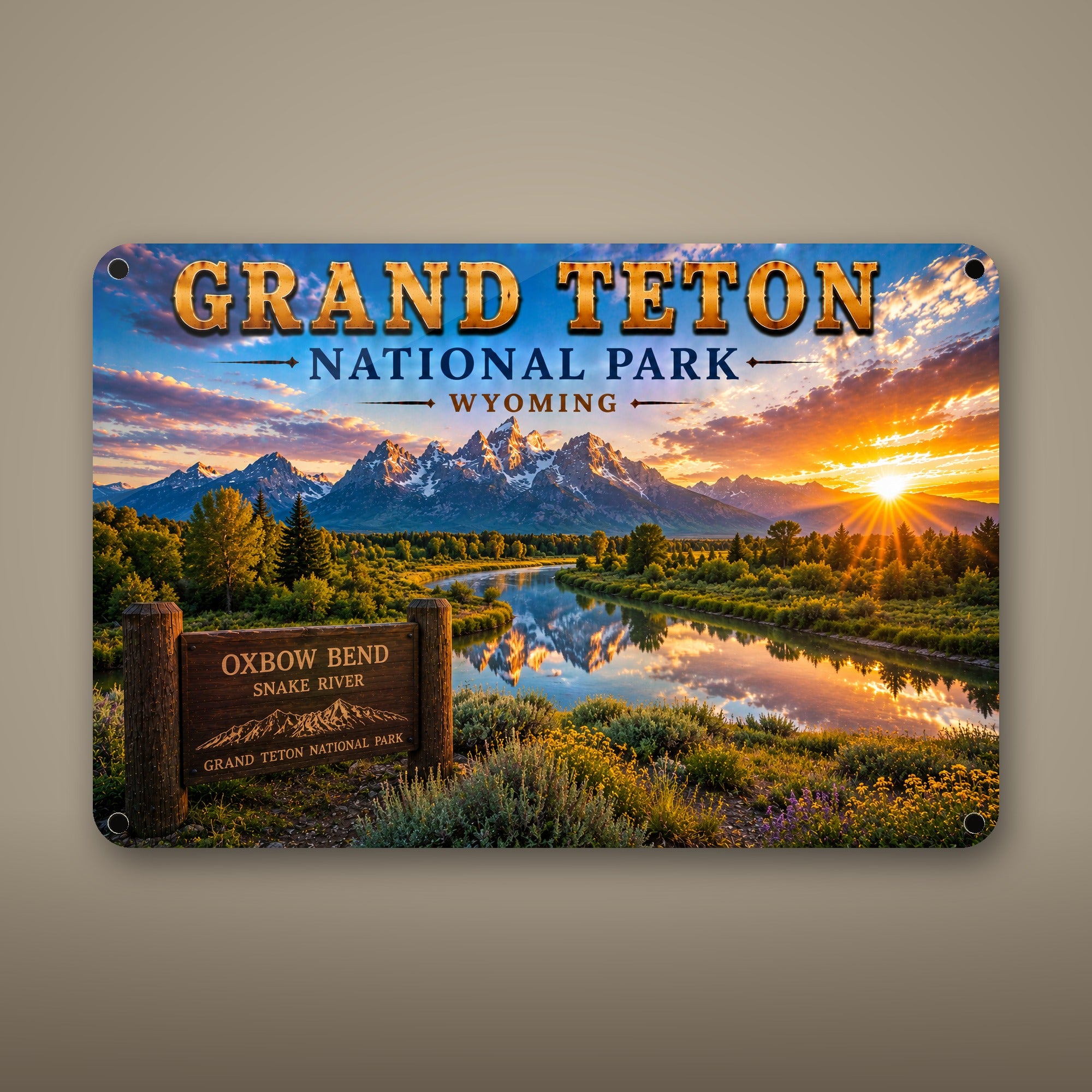 Grand Teton National Park Sign, Oxbow Bend, Snake River Metal Wall Art, Wyoming Aluminum Vintage Travel Poster Gift