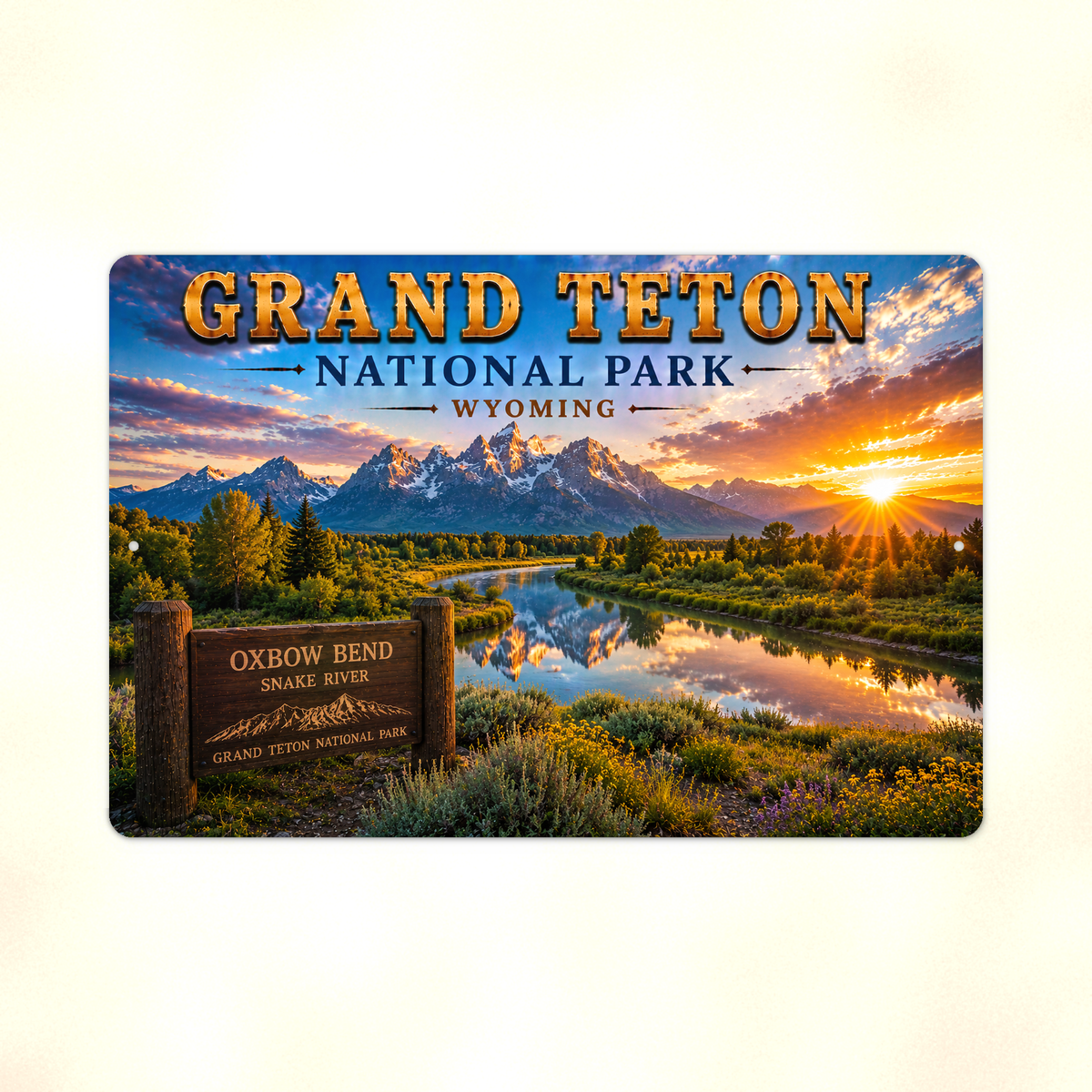 Full view of the sign showing Grand Teton Oxbow Bend Snake River lettering with mountains reflected in a forest river against a pale background.