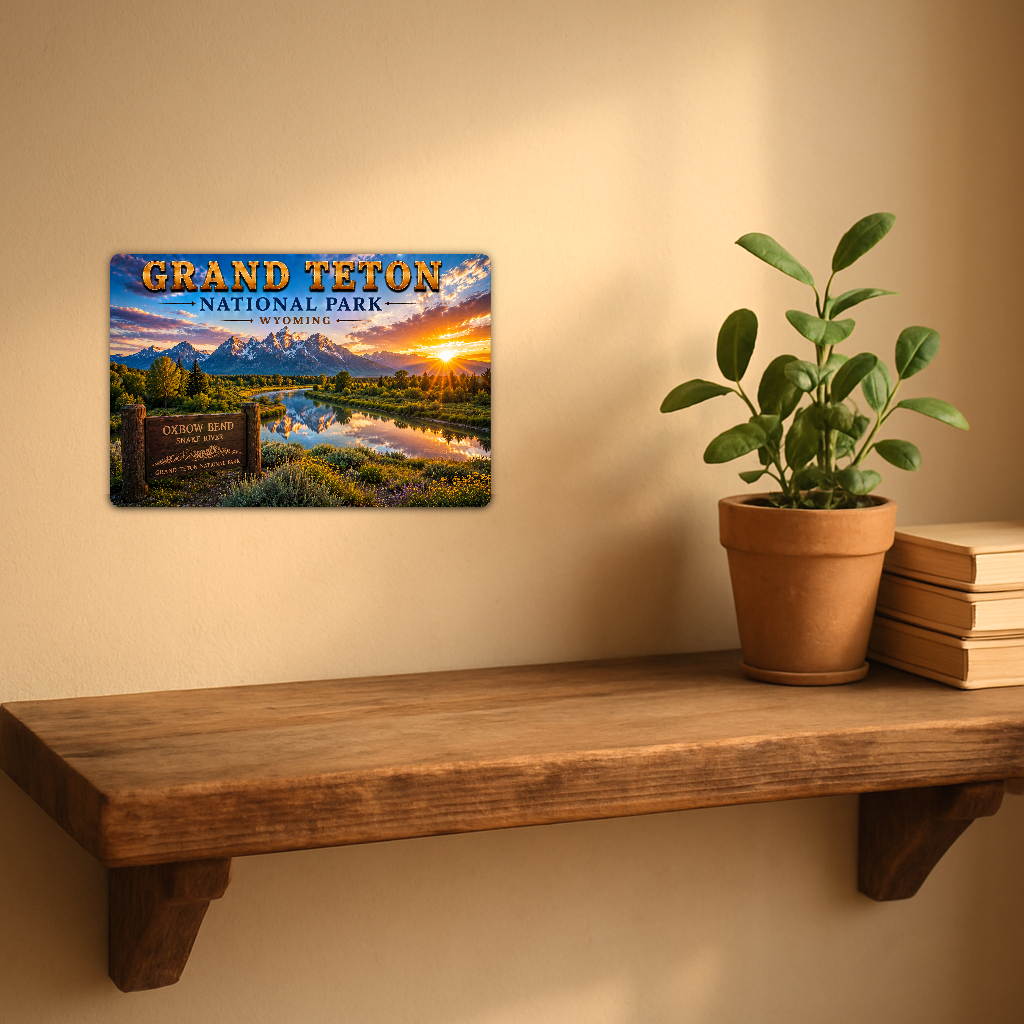 Sign showing Grand Teton Oxbow Bend Snake River lettering with mountains reflected in a forest river, displayed on a warm beige wall above a rustic shelf with a potted plant and books.