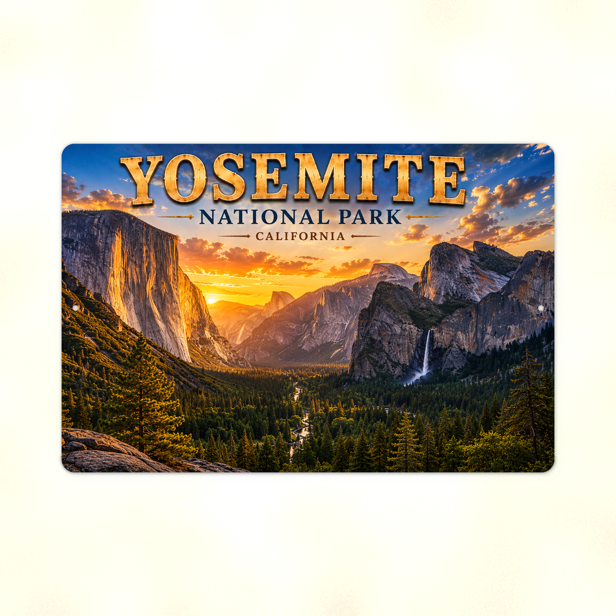 Full view of the sign showing Yosemite Tunnel View lettering with a granite valley and waterfall against a pale background.