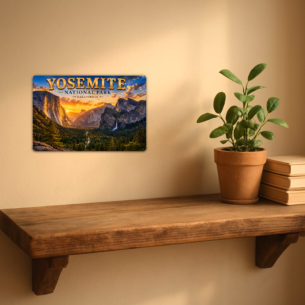 Sign showing Yosemite Tunnel View lettering with a granite valley and waterfall, displayed on a warm beige wall above a rustic shelf with a potted plant and books.