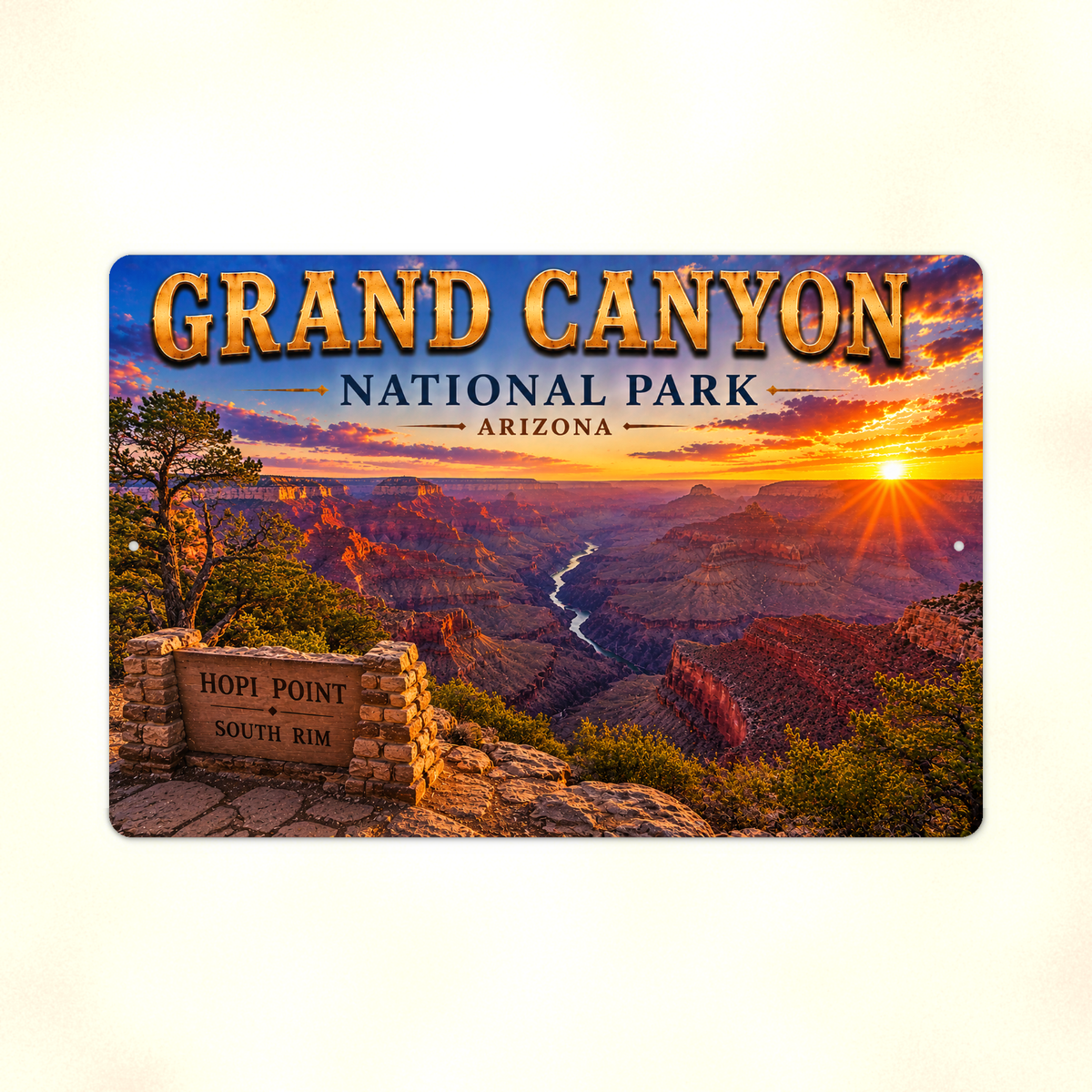 Full view of the sign showing Grand Canyon Hopi Point South Rim lettering and canyon river bends at sunset against a pale background.