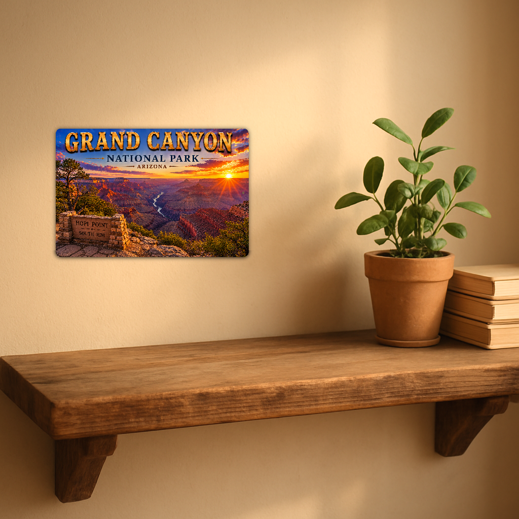 Sign showing Grand Canyon Hopi Point South Rim lettering and canyon river bends at sunset, displayed on a warm beige wall above a rustic shelf with a potted plant and books.