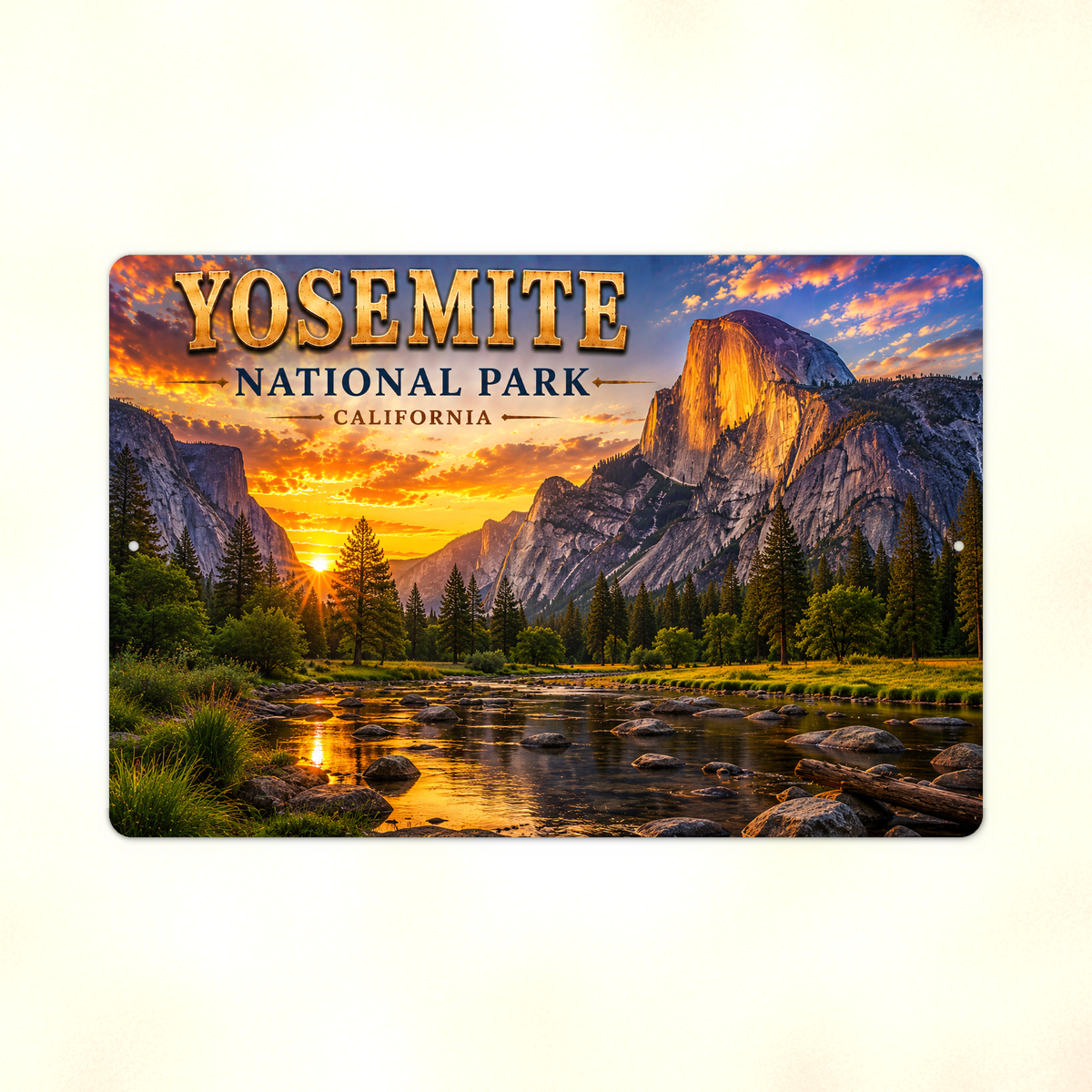 Full view of the sign showing Yosemite Half Dome and Merced River lettering with a forest river reflection against a pale background.