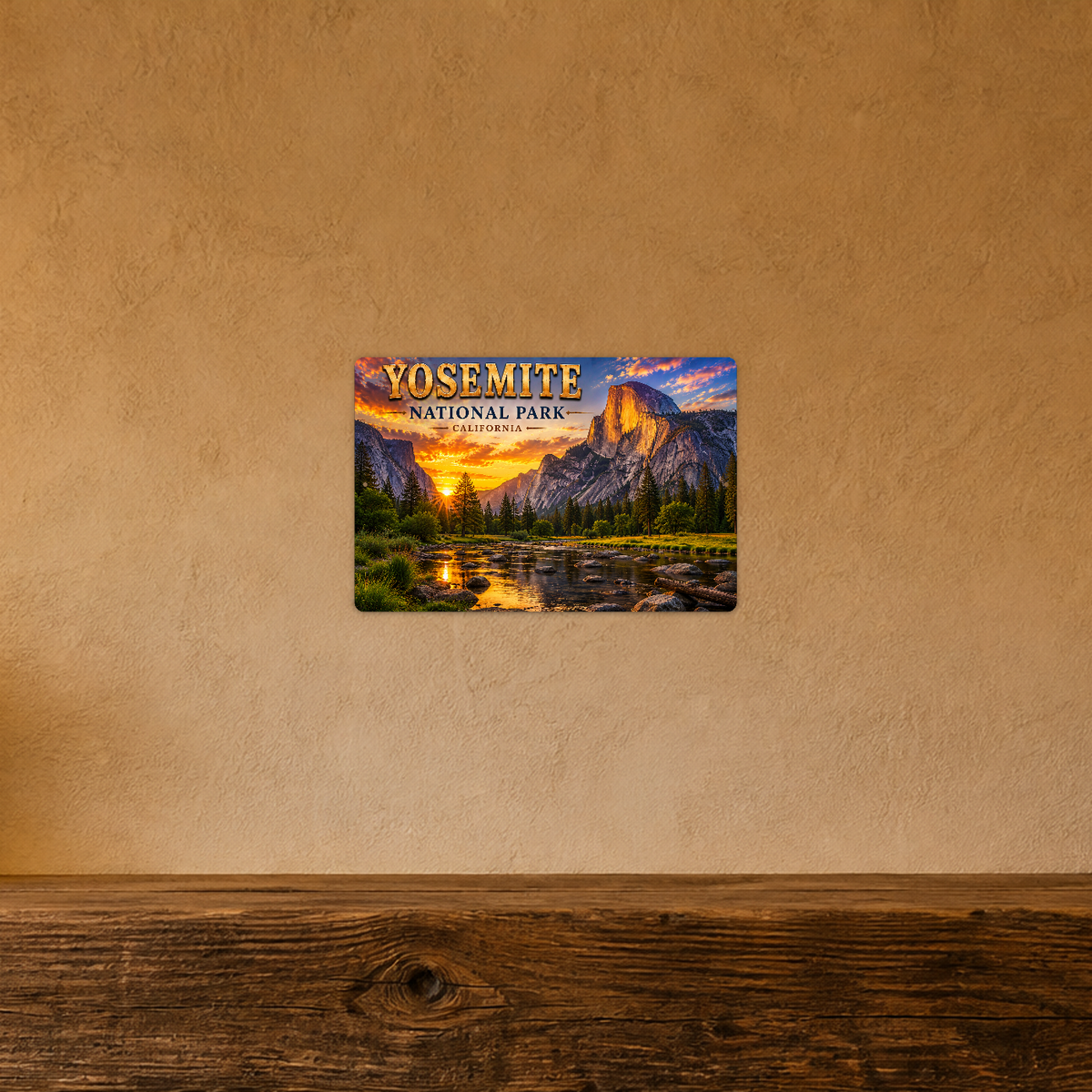 Sign showing Yosemite Half Dome and Merced River lettering with a forest river reflection, displayed on a warm tan textured wall above a wooden ledge.