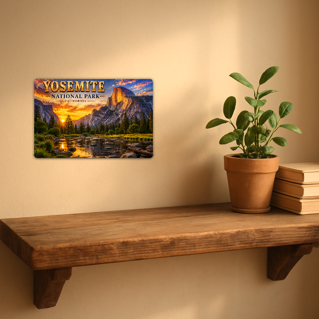 Sign showing Yosemite Half Dome and Merced River lettering with a forest river reflection, displayed on a warm beige wall above a rustic shelf with a potted plant and books.