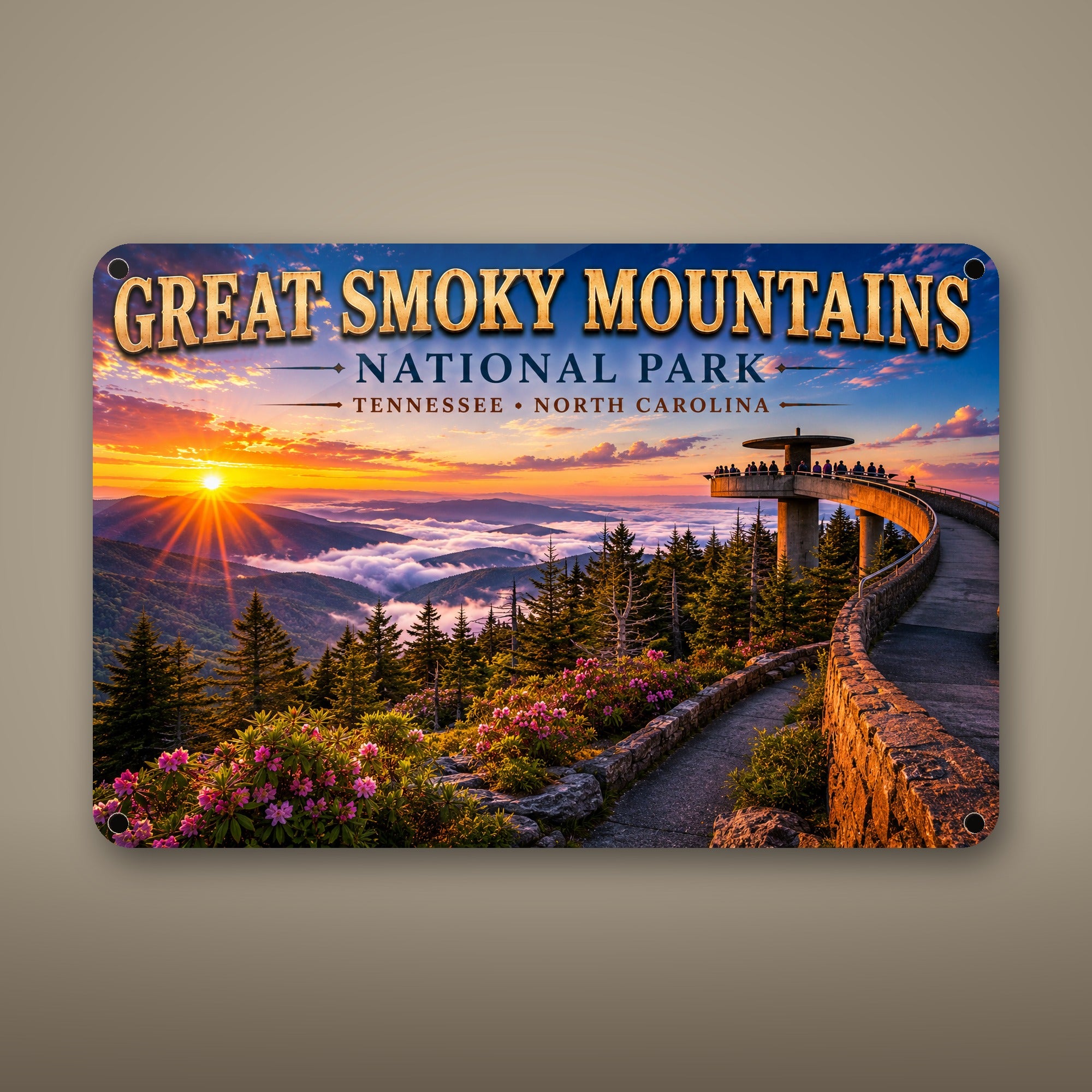 Great Smoky Mountains National Park Sign, Clingmans Dome Metal Wall Art, Tennessee & North Carolina Aluminum Vintage Travel Poster Gift