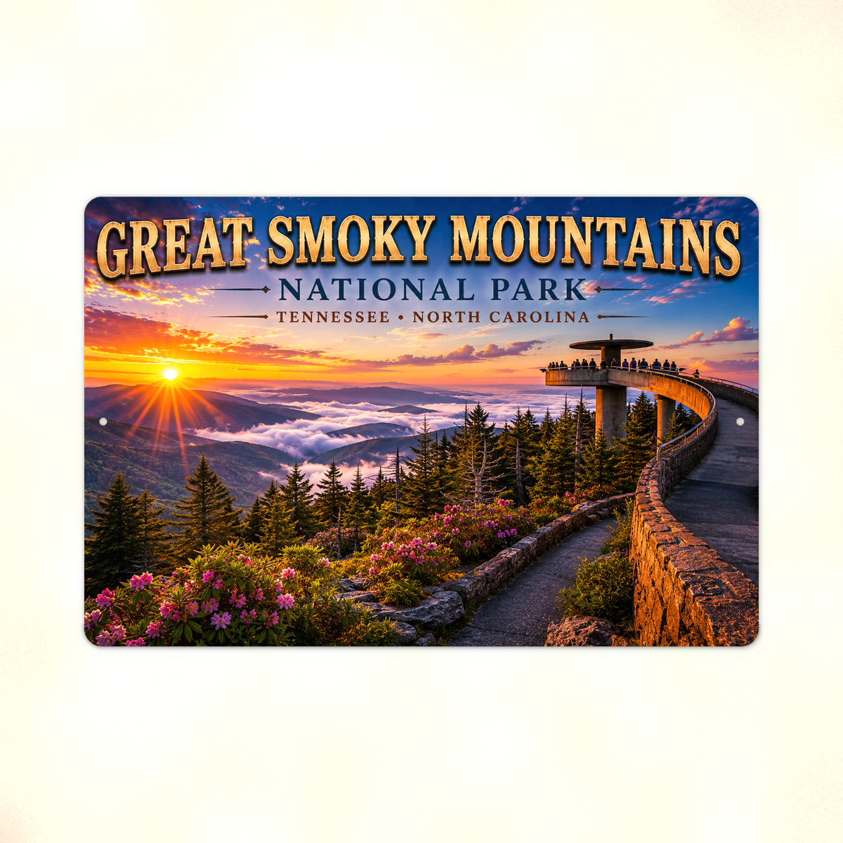 Full view of the sign showing Great Smoky Mountains lettering and a curved observation walkway above clouds and fir trees against a pale background.