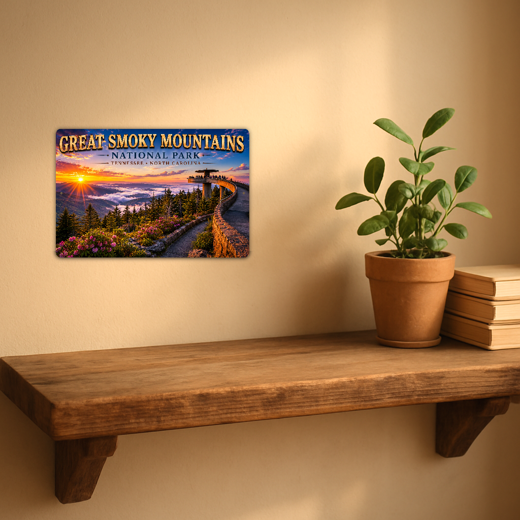 Sign showing Great Smoky Mountains lettering and a curved observation walkway above clouds and fir trees, displayed on a warm beige wall above a rustic shelf with a potted plant and books.